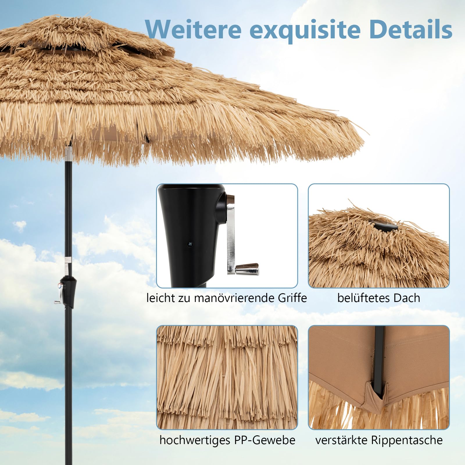 COSTWAY Sonnenschirm Hawaii 300 cm, Strohschirm mit LED-Solar-Beleuchtung und Doppeldach, Gartenschirm Stroh, Strandschirm neigbar, Marktschirm, Terrassenschirm für Garten, Balkon, Terrasse