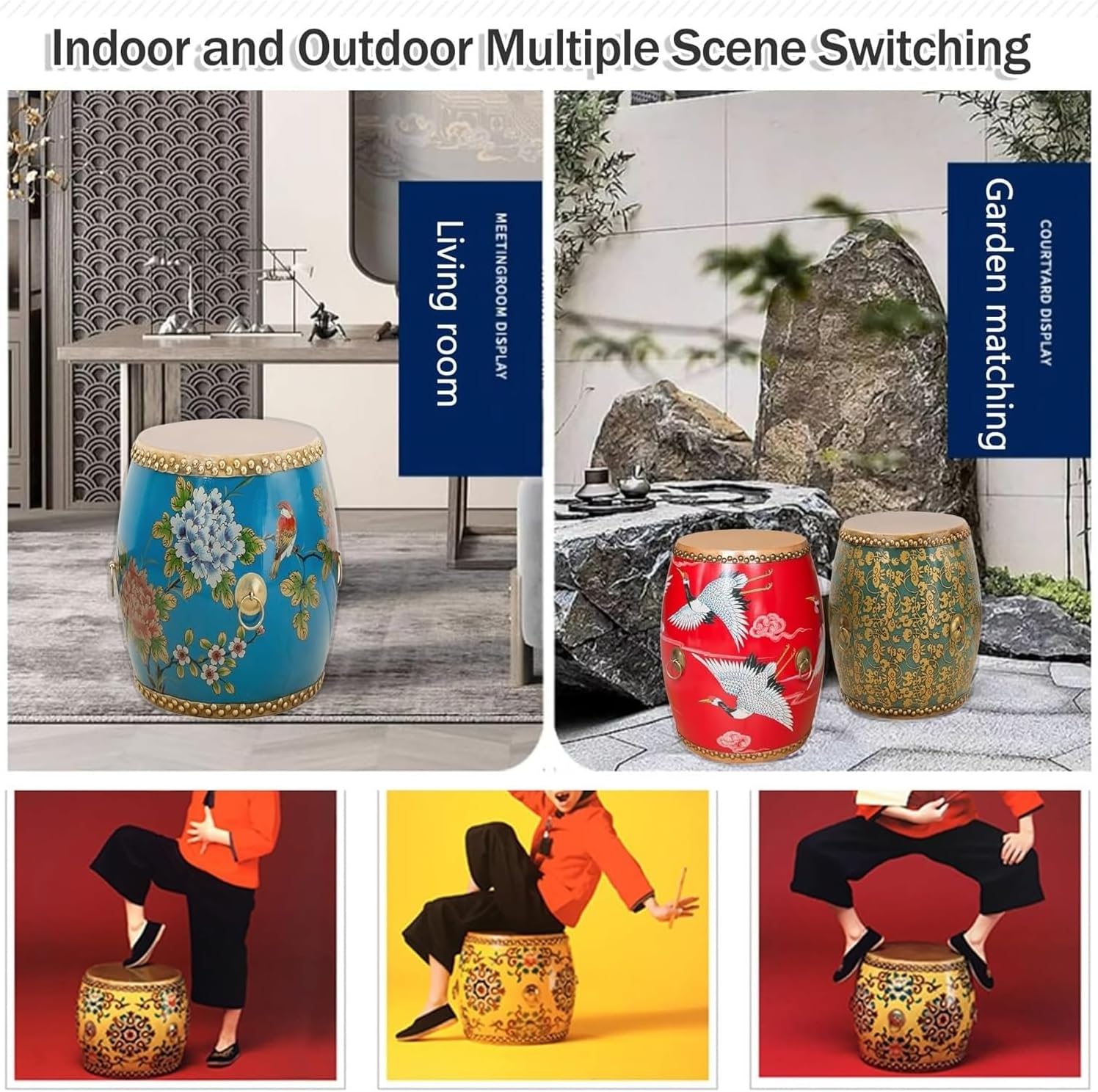 Garden Stool，Hollow Out Drum Stool， Indoor/Outdoor Side Table Plant Stand Chinoiserie Decorative Classical Footstool for Living Room Bedroom Patio(Blue Magpie)