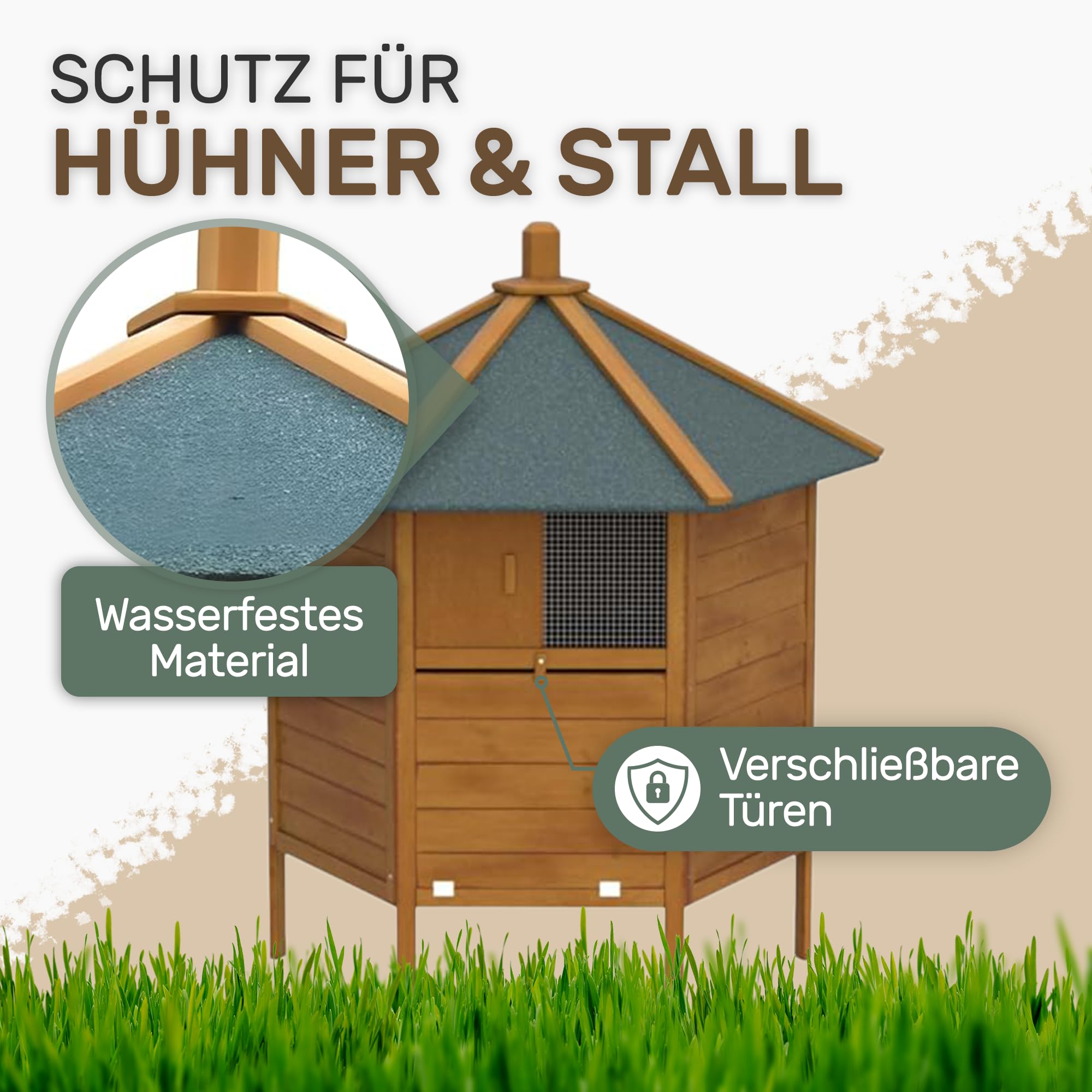 Melko Hühnerstall Hühnerhaus 6-Eck für 5-8 Hühner 131x125 cm Massivholz | mit Nistkasten, Rampe und Sitzstangen, wetterfeste Teerpappe, Dach aufklappbar zur Eientnahme, auch für Wachteln und Enten