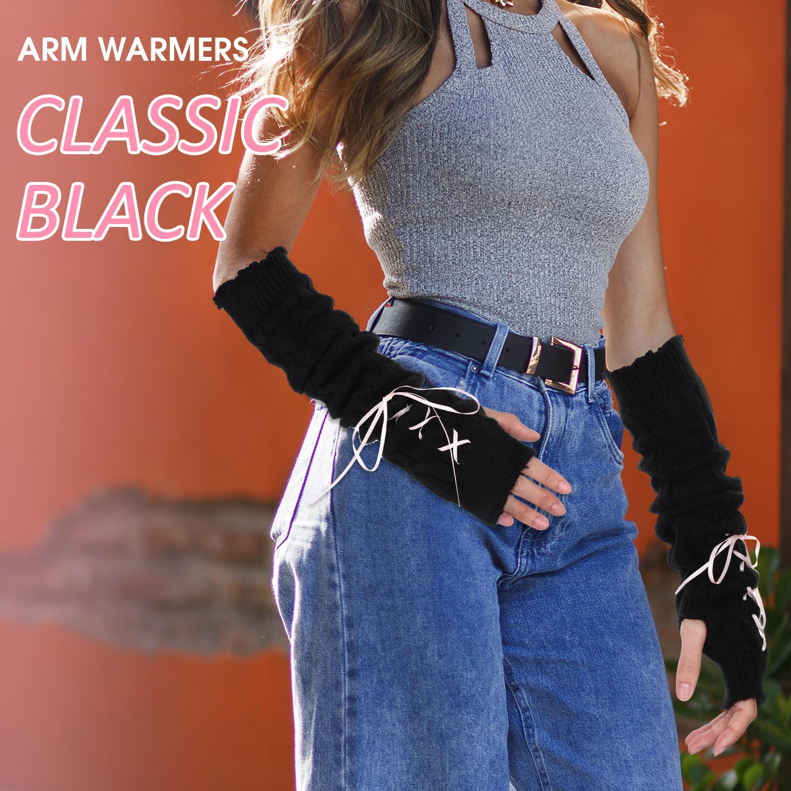 Arm Warmers Cute Y2k Harajuku Japanese Style Long Fingerless Gloves for Women Girls, Cold Weather Fsahion Lotila Arm Sleeve Thumb Hole Gloves (15.7Inch)(Black)