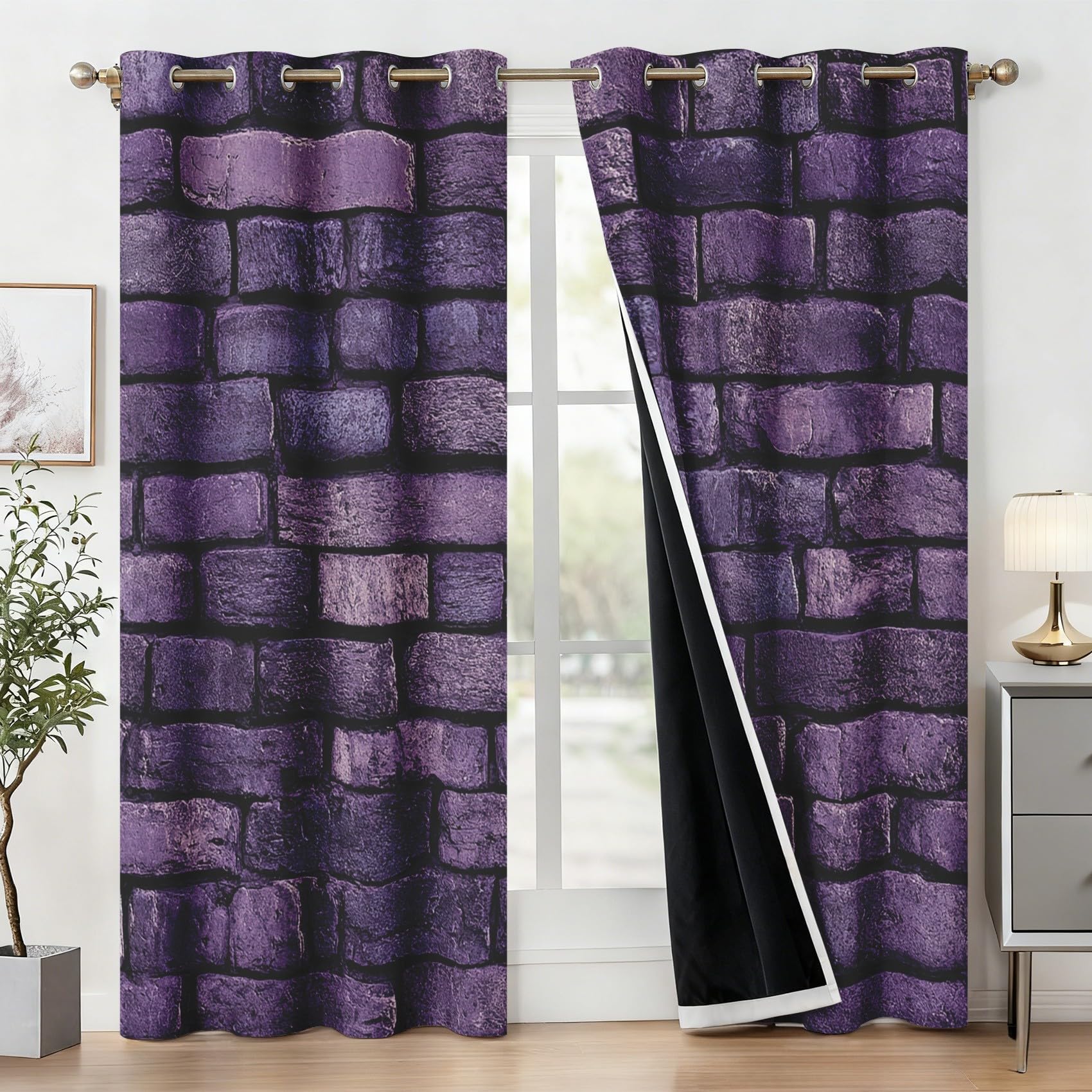 Generisch 3D Lila Ziegel Vorhang Blickdicht, 95% Blickdichte Vorhänge Steinmauer Landhausstil, Verdunkelungsvorhang 245x140 2er Set, Schlafzimmer Wohnzimmer Gardinen mit Ösen Q-D27