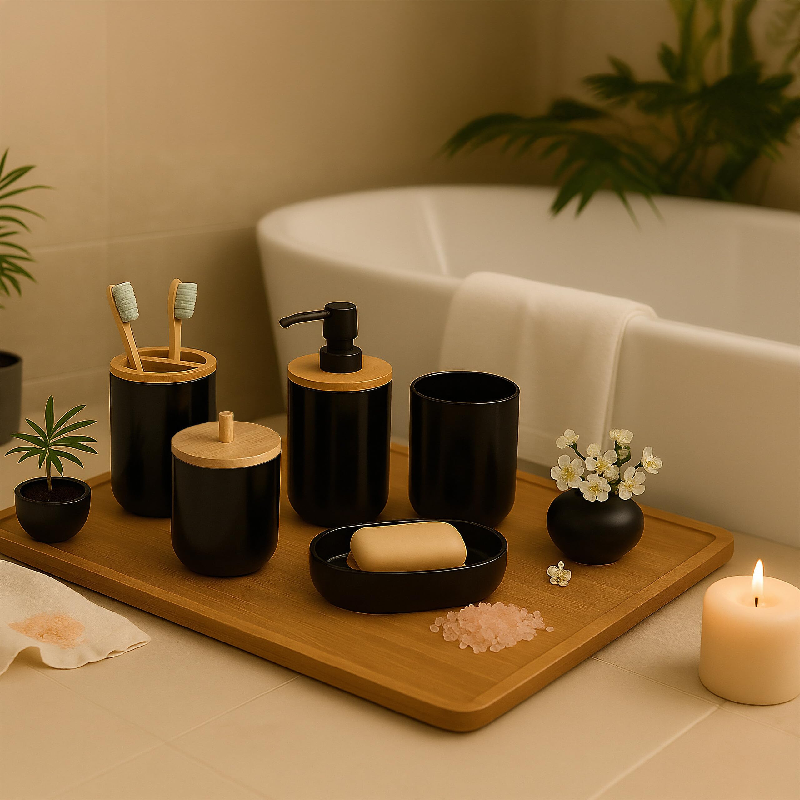 Relaxdays Lot de 7 Accessoires pour la Salle de Bain, Plastique et Bambou, Set Pratique, Noir et Nature