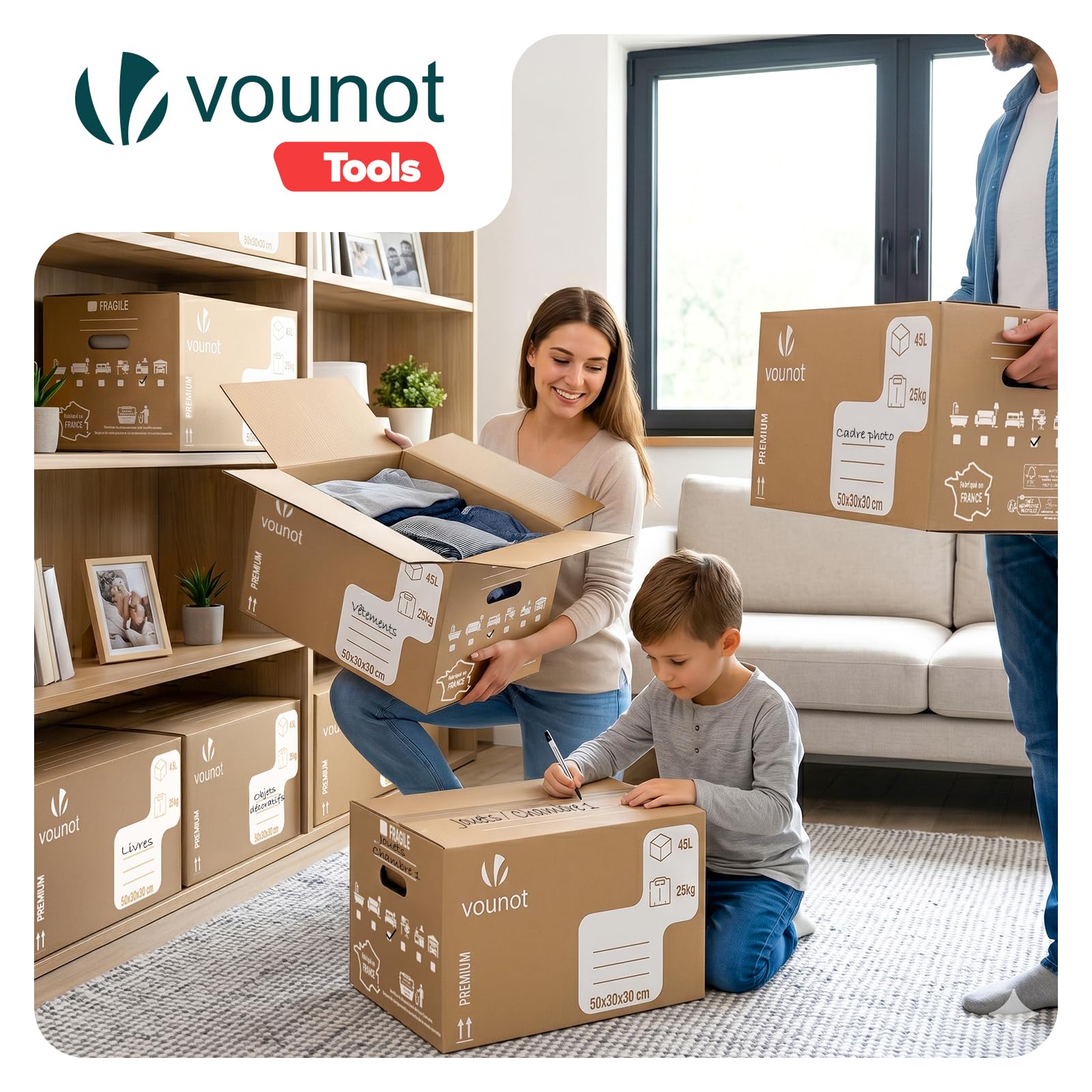 VOUNOT® Lot de 20 Cartons de Déménagement 50 x 30 x 30 cm Fabriqué en France Cartons de Rangement Renforcés 25 kg Poignées Renforcées Réutilisables 45L pour Stockage Livres Vêtements Transport