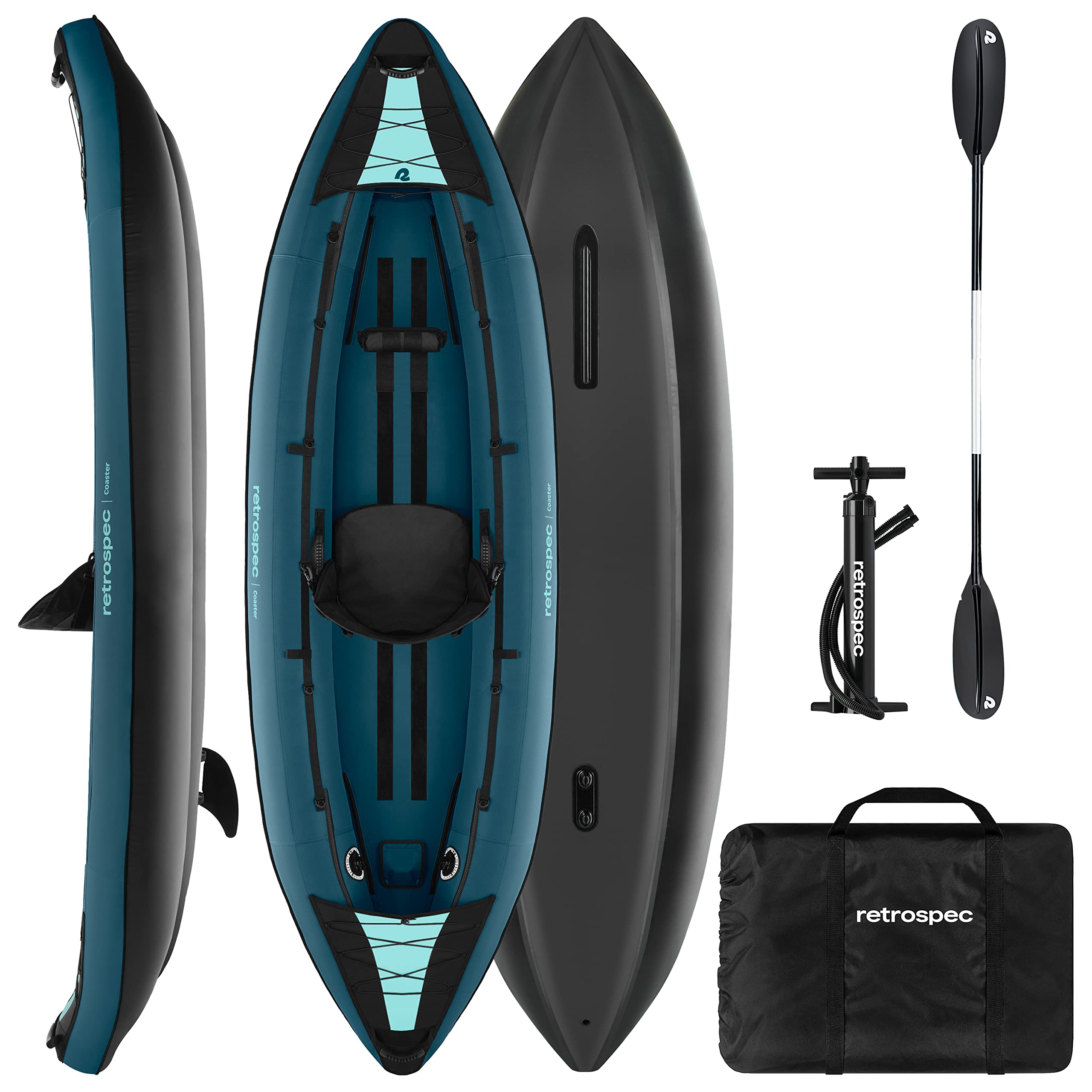 RetrospecCoaster 1 & 2 Person Inflatable Kayak - Portable 600-Denier Ripstop Polyester Blow up Kayak - Includes Double-Sided Paddle, Hand Pump & Carrying Bag
