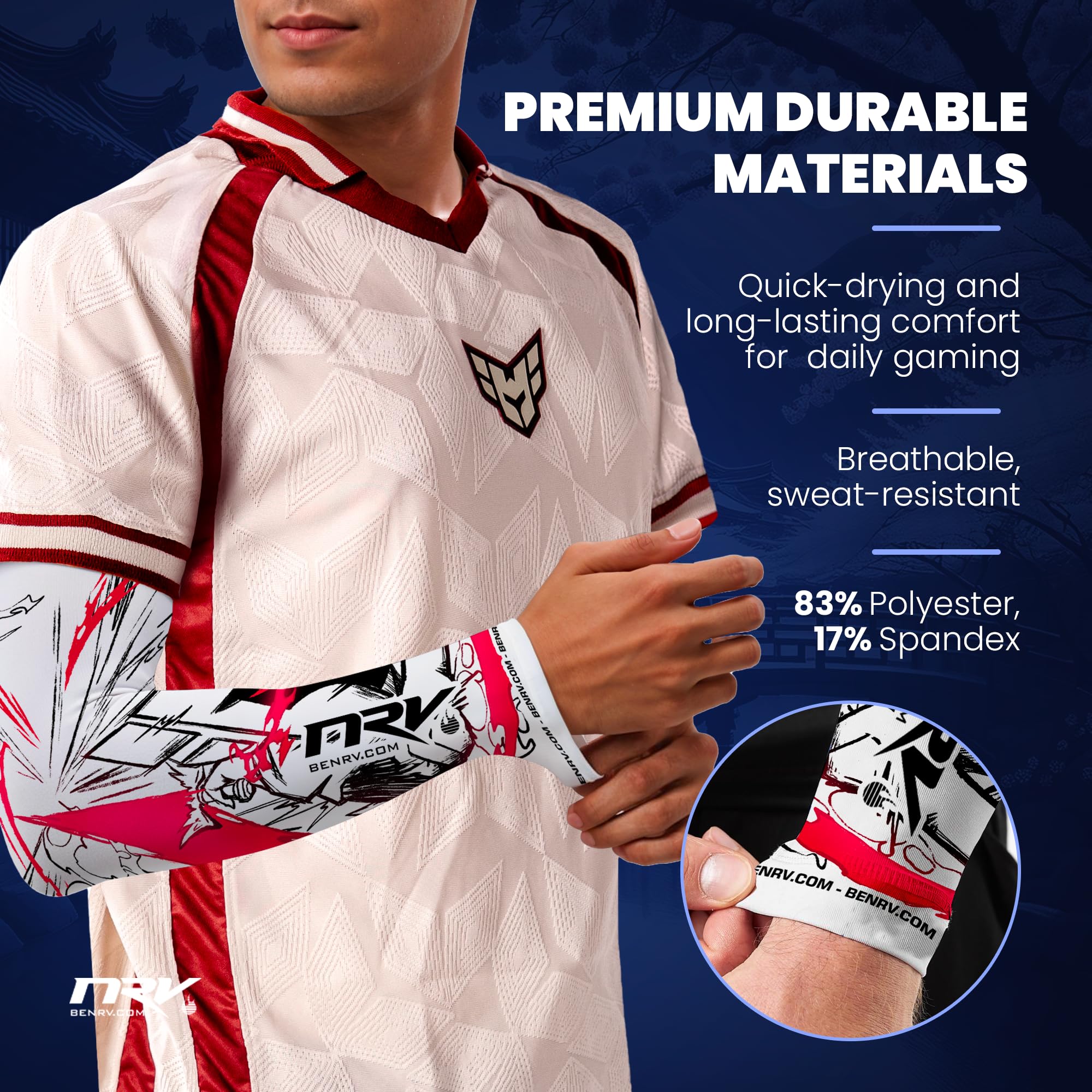 NRV Team HEROIC Puño Gaming – Comodidad y Control – Anti-Friction – Diseño Esport – Blanco & Rojo – Talla S a 3XL