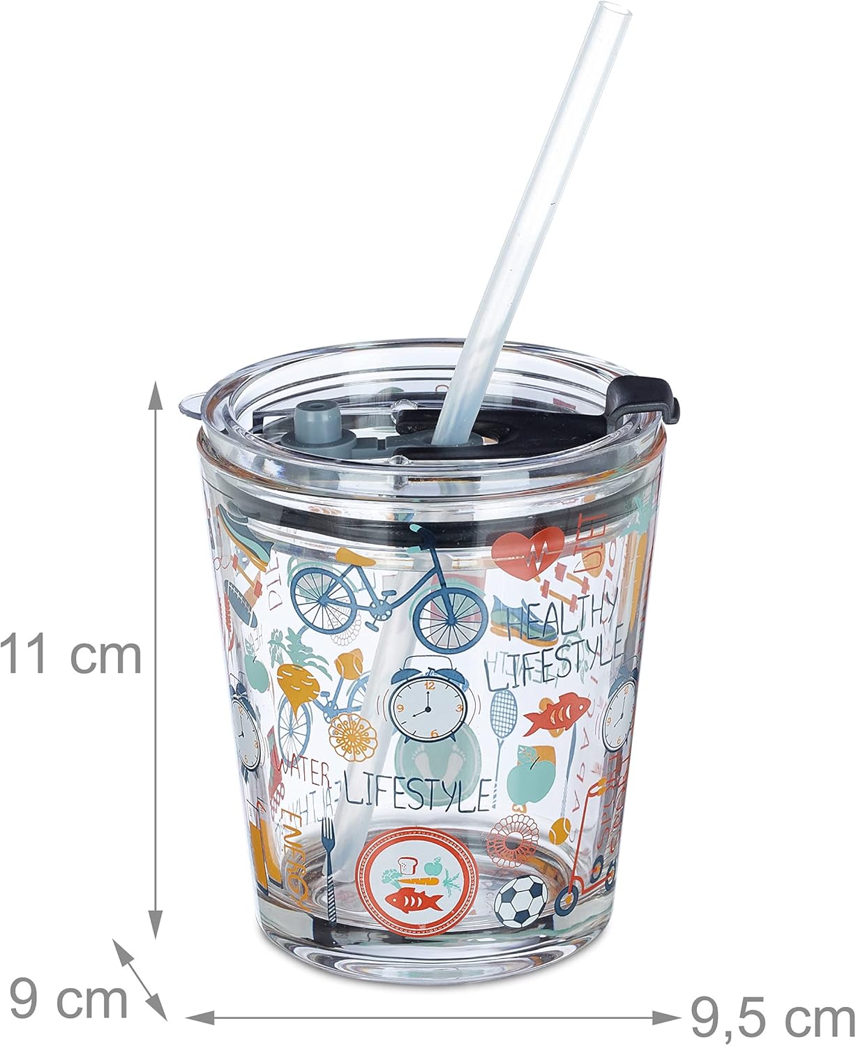 Relaxdays Glass Cups with Lid & Straw, Set of 4, Sport Design, 350 ml each, Kids Drinking Glasses, Tumblers, Transparent