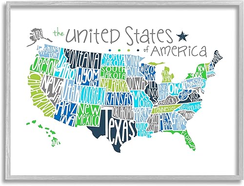 Stupell Industries Mapa de Estados Unidos Tipografía coloreada, diseño de Erica Billups - Arte de pared enmarcado en gris, 24 x 30, blanco