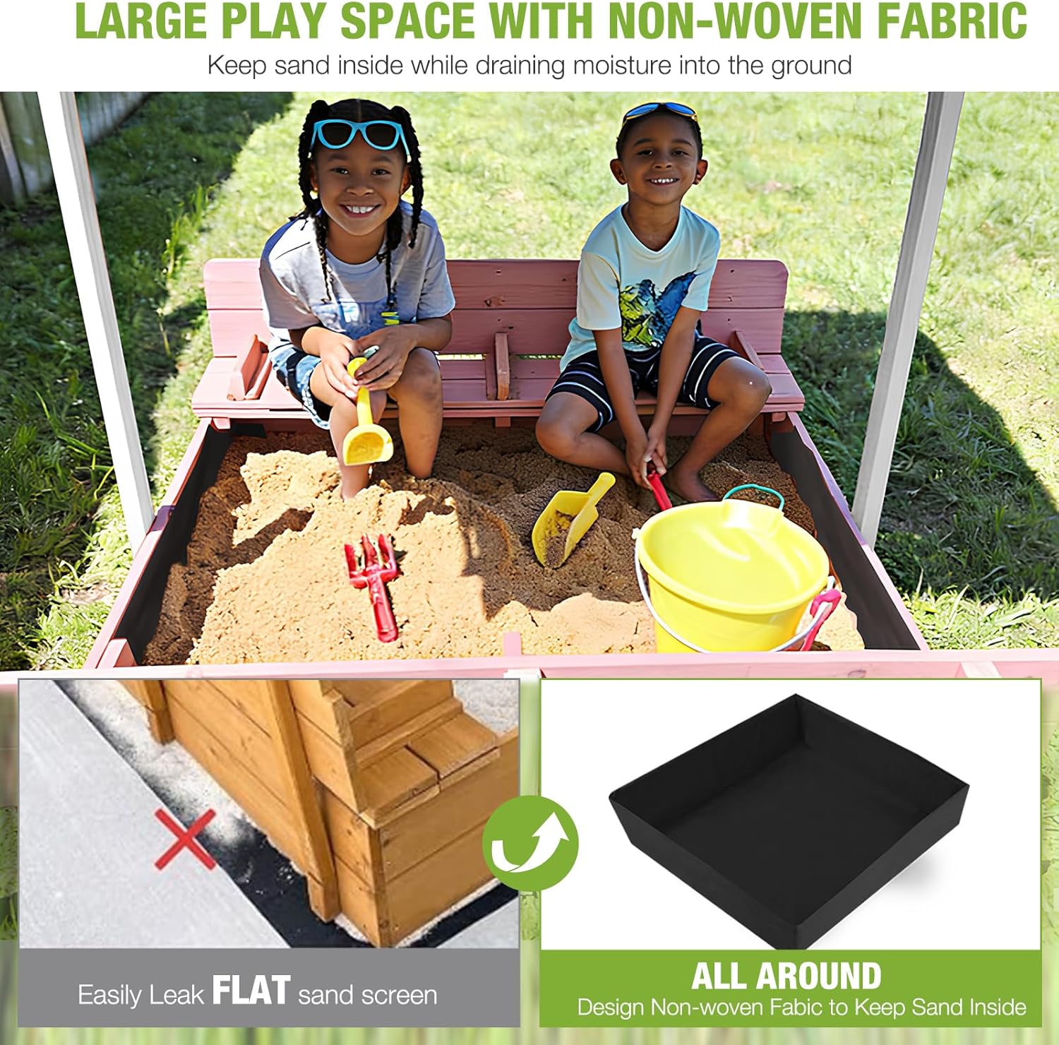 GUTINNEEN Sandbox with Lid and Cover for Kids Outdoor with 2 Foldable Bench Seats, Adjustable Canopy and Sand Protection Liner, 47.2" L x 47.2" W x 51.9" H (Pink