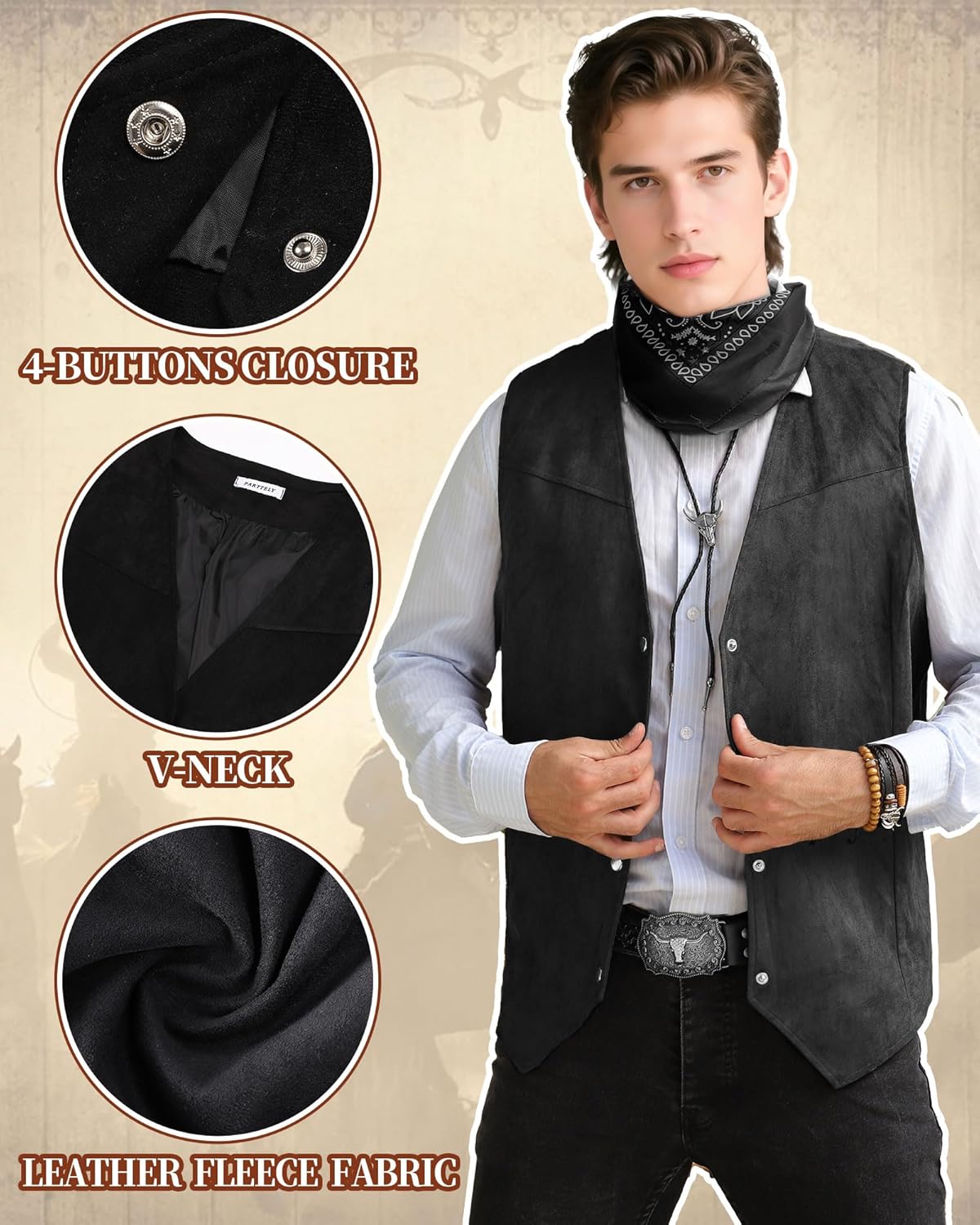 Western Cowboy Outfit for Men Faux Suede Vest Western Belt Necktie and Bandana for Halloween Costume Party - Image 3