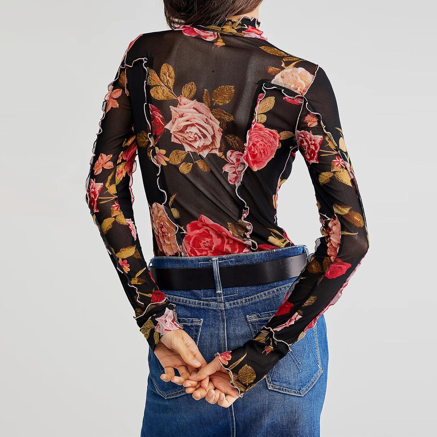 Women Floral Print Mesh Top Long Sleeve Mock Neck See Through Tee Lettuce Trim Sheer Shirt Y2k Summer Blouse Top - Image 5