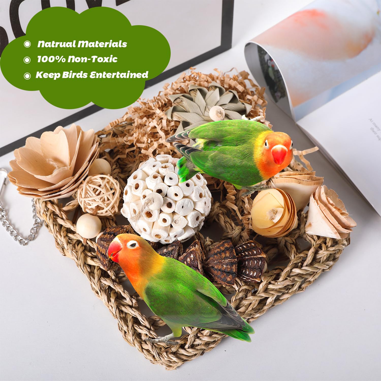 Bird Foraging Wall Toy, Seagrass Woven Climbing Hammock Mat with Chewing Toys,Parrot Shredding Hanging Toys for Cockatiel Lovebird Parakeet Budgie Small-Medium Birds (Small) - image 5