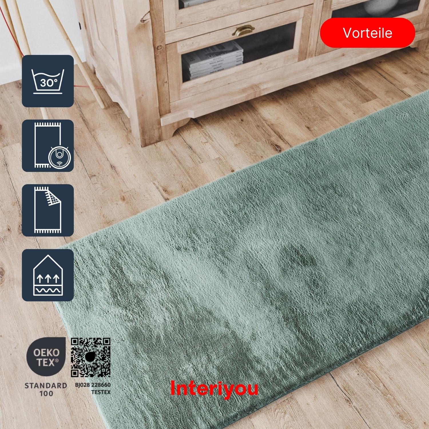 Interiyou Fargo - Teppich Wohnzimmer 80x300 cm Grün - Kurzflor Waschbar und rutschfest - Flauschiger Fellteppich aus Kunstfell - weicher Langflor Fell