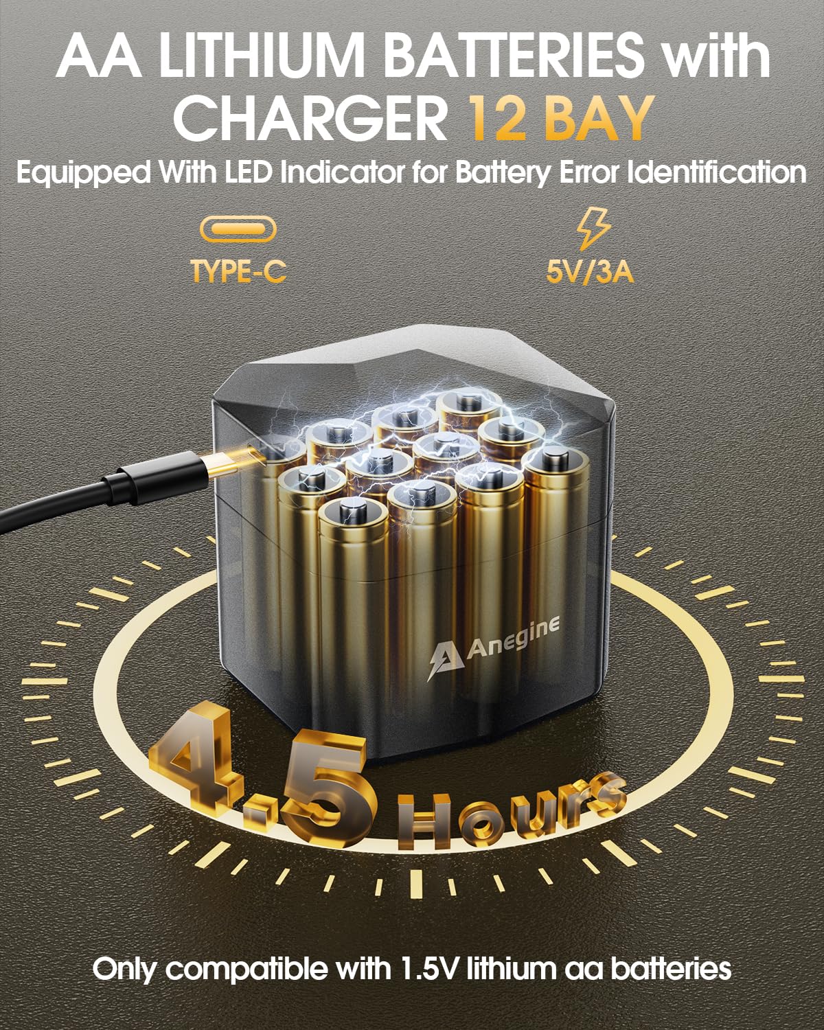 anegine Paquete de 12 pilas AA recargables de litio con cargador rápido, 3600 mWh, 1,5 V, baterías de iones de litio AA de alta potencia, baterías AA de iones de litio de salida constante, tiempos de