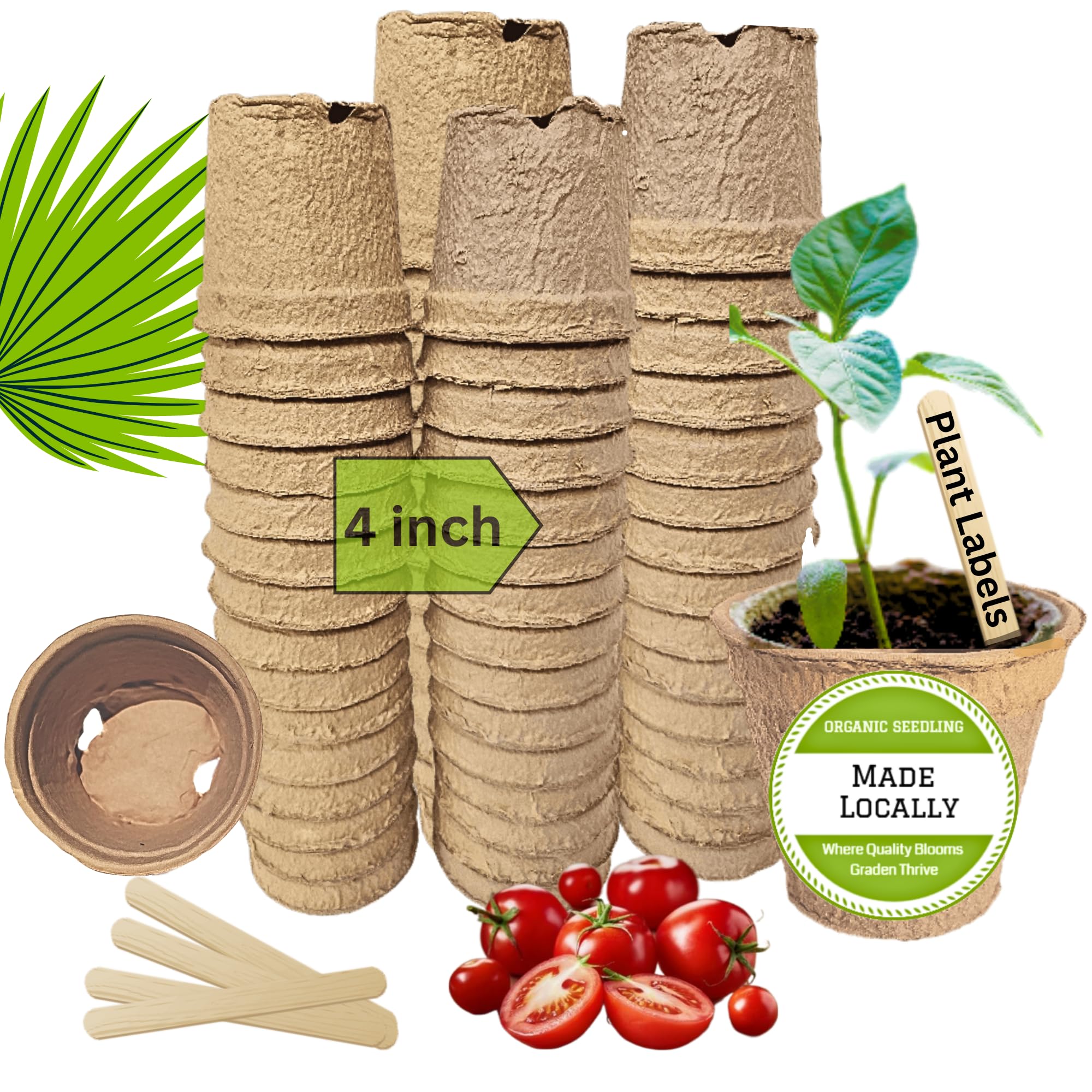 Seedling Pots and Plant Labels 45 Pcs | Organic Seed Starter Kit & Peat Pots for Seedlings with Drainage Holes | Grow Your Garden with 4-Inch Biodegradable Plant Pots