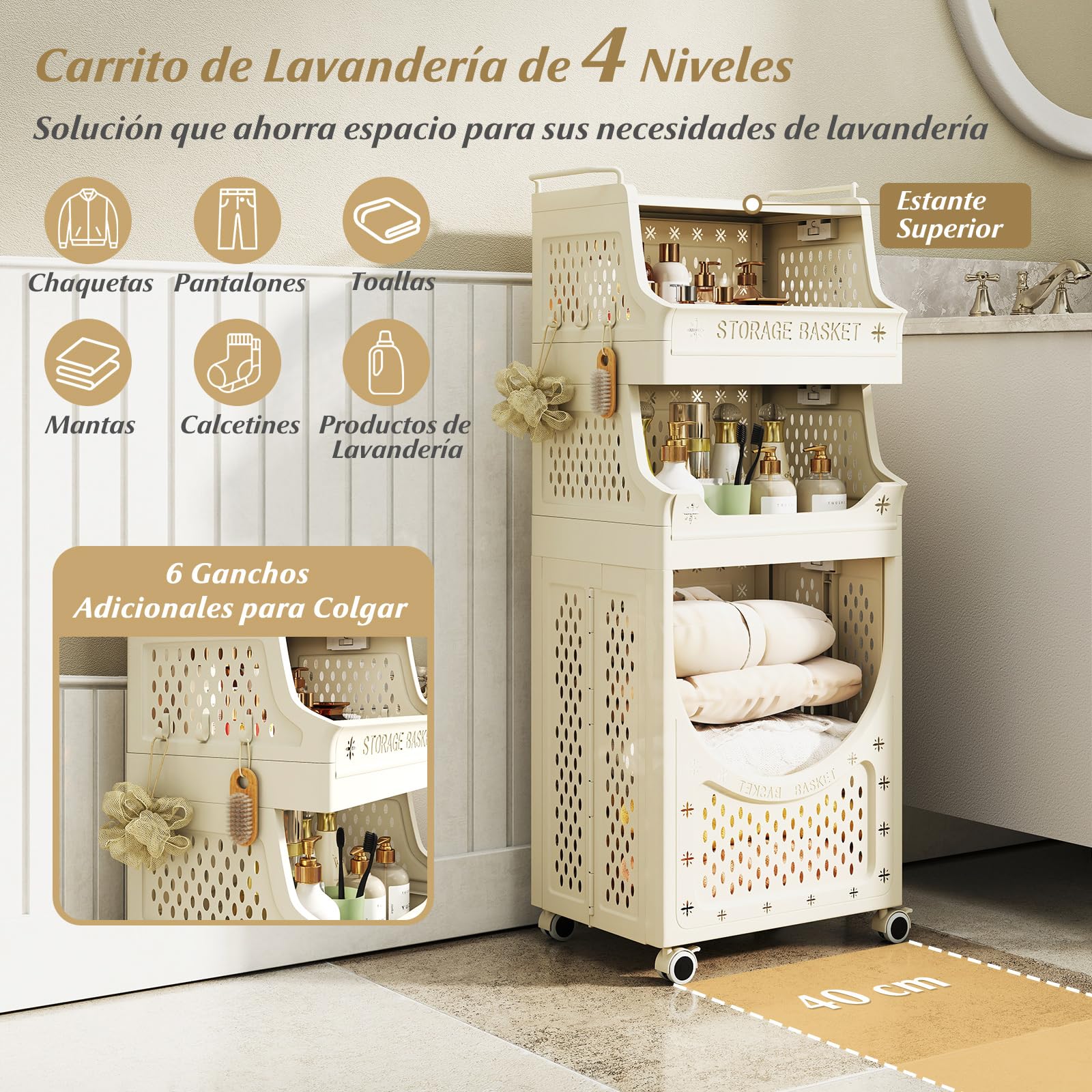 GOPLUS Carrito para Ropa Sucia con Ruedas, Cesta de Ropa con 3/4 Estantes y Cubo Extraíble, Compartimento Abierto y 6 Ganchos, Contenedor Plegable Plástico para Baño Lavandería (21L+21L+40L)