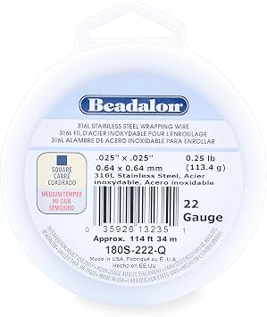 Beadalon 316L Stainless Steel Wrapping Wire, Square, 22 Gauge, 114 feet, 1/4 Pound