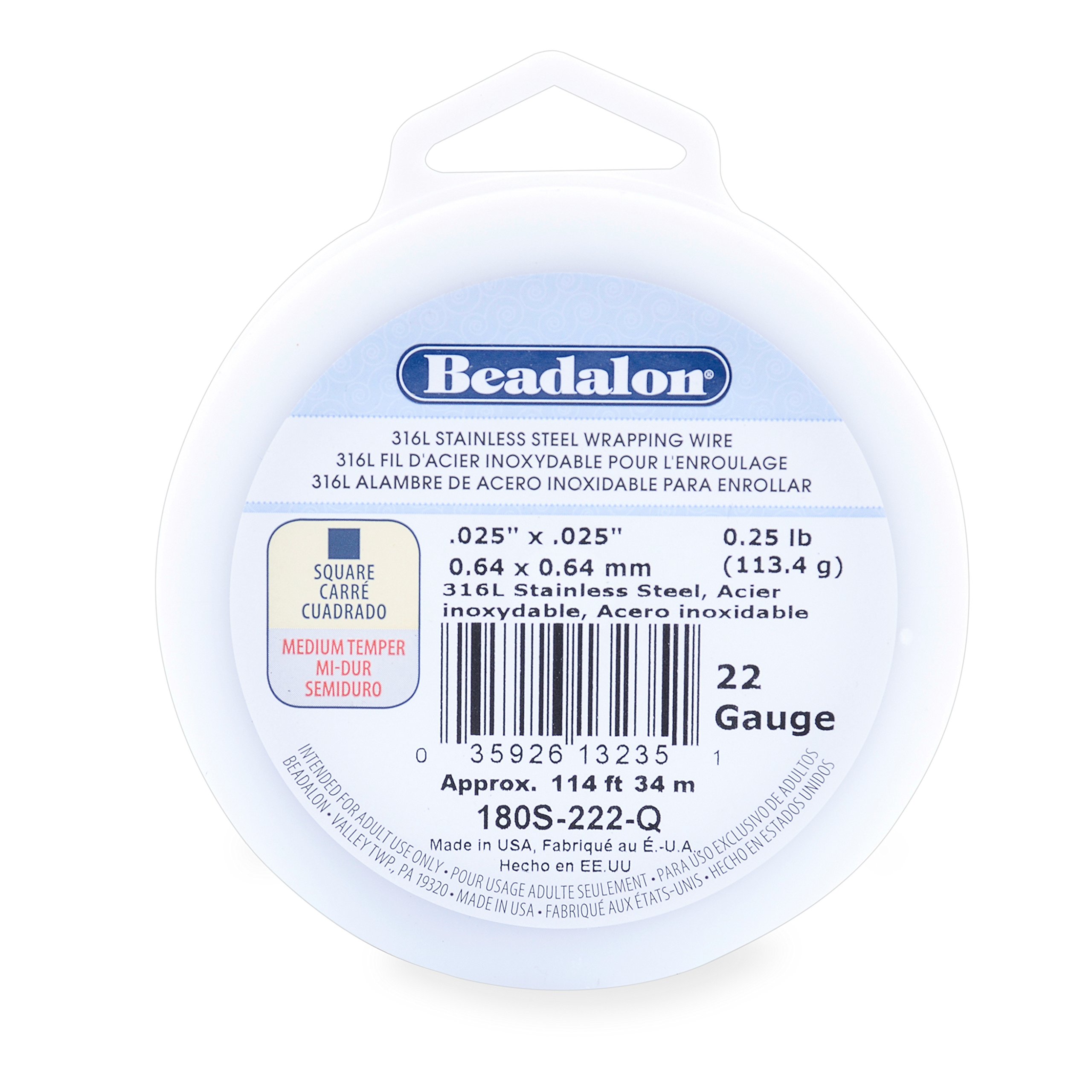 Beadalon 316L Stainless Steel Wrapping Wire, Square, 22 Gauge, 114 feet, 1/4 Pound