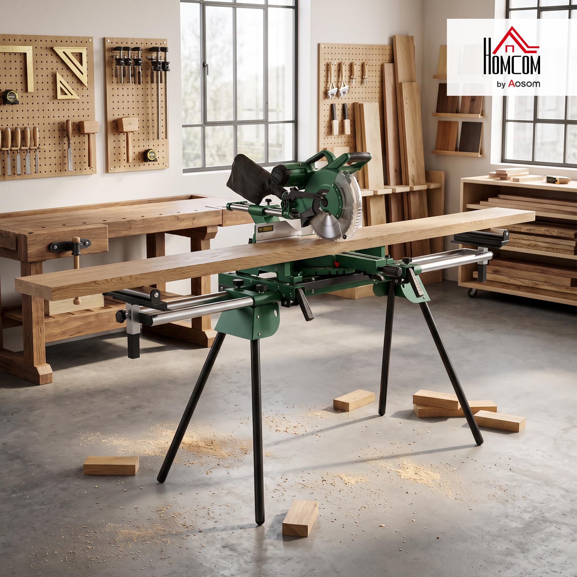 HOMCOM Cavalletti da Lavoro Pieghevoli per Troncatrice, Altezza 81-91 cm e Lunghezza 116-165 cm Regolabili, Rullo di Supporto, Portata 200 kg, Attacco Universale, Verde