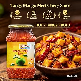 Ashoka Mango Pickle Hot 500g (Pack of 2) - Perfect as a Side Condiment for Any Indian Dish - Eaten With Indian Dinner or With Indian Breakfast