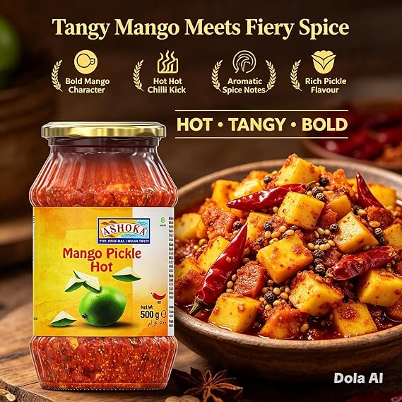 Ashoka Mango Pickle Hot 500g (Pack of 2) - Perfect as a Side Condiment for Any Indian Dish - Eaten With Indian Dinner or With Indian Breakfast