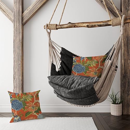 Miniatura 5 de Cojín de cojín de peonía floral naranja y azul oscuro con peonía naranja y azul chinoiserie, funda de cojín tradicional china para sala de estar, 24