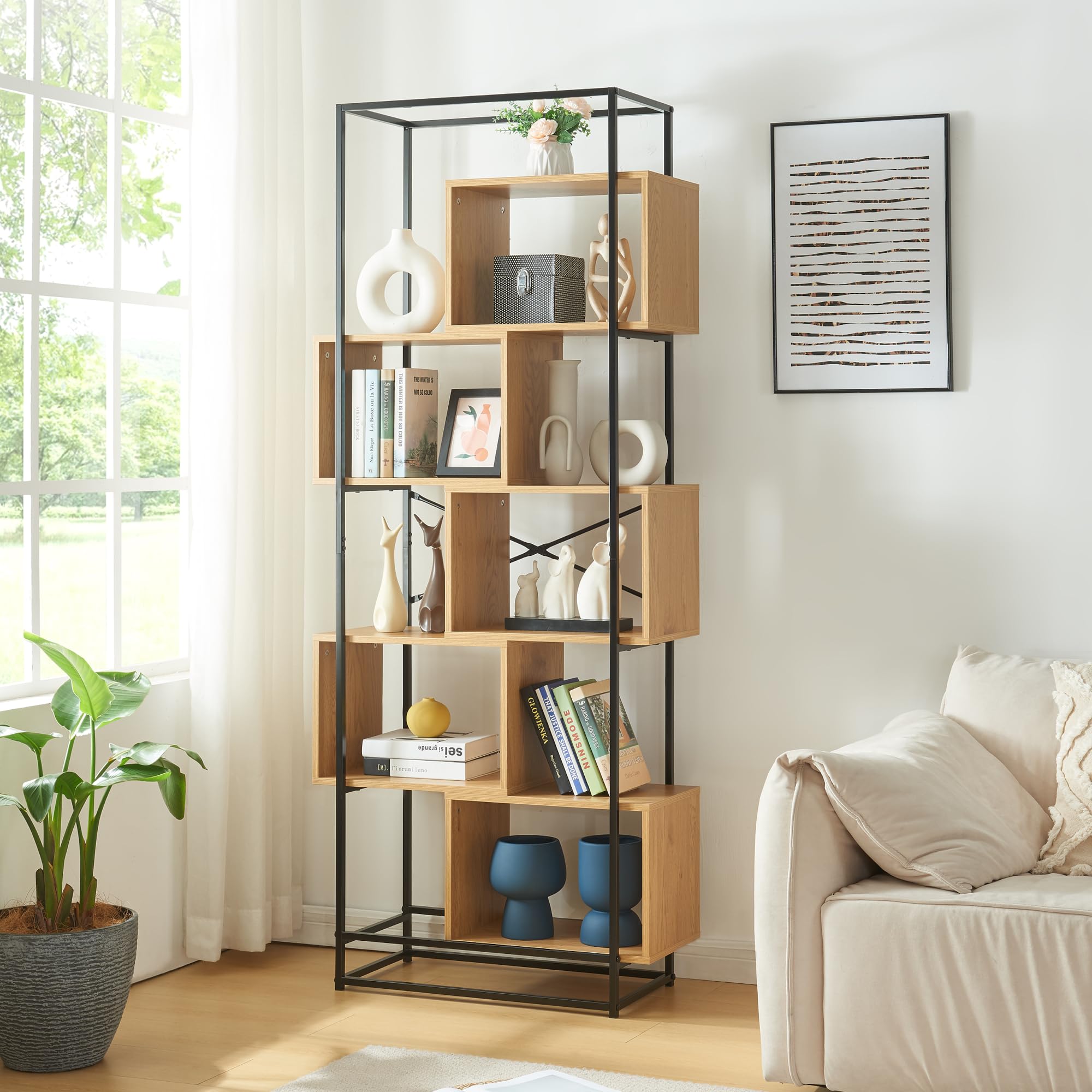 Étagère autoportante polyvalente meuble bibliothèque acier et bois 5 compartiments