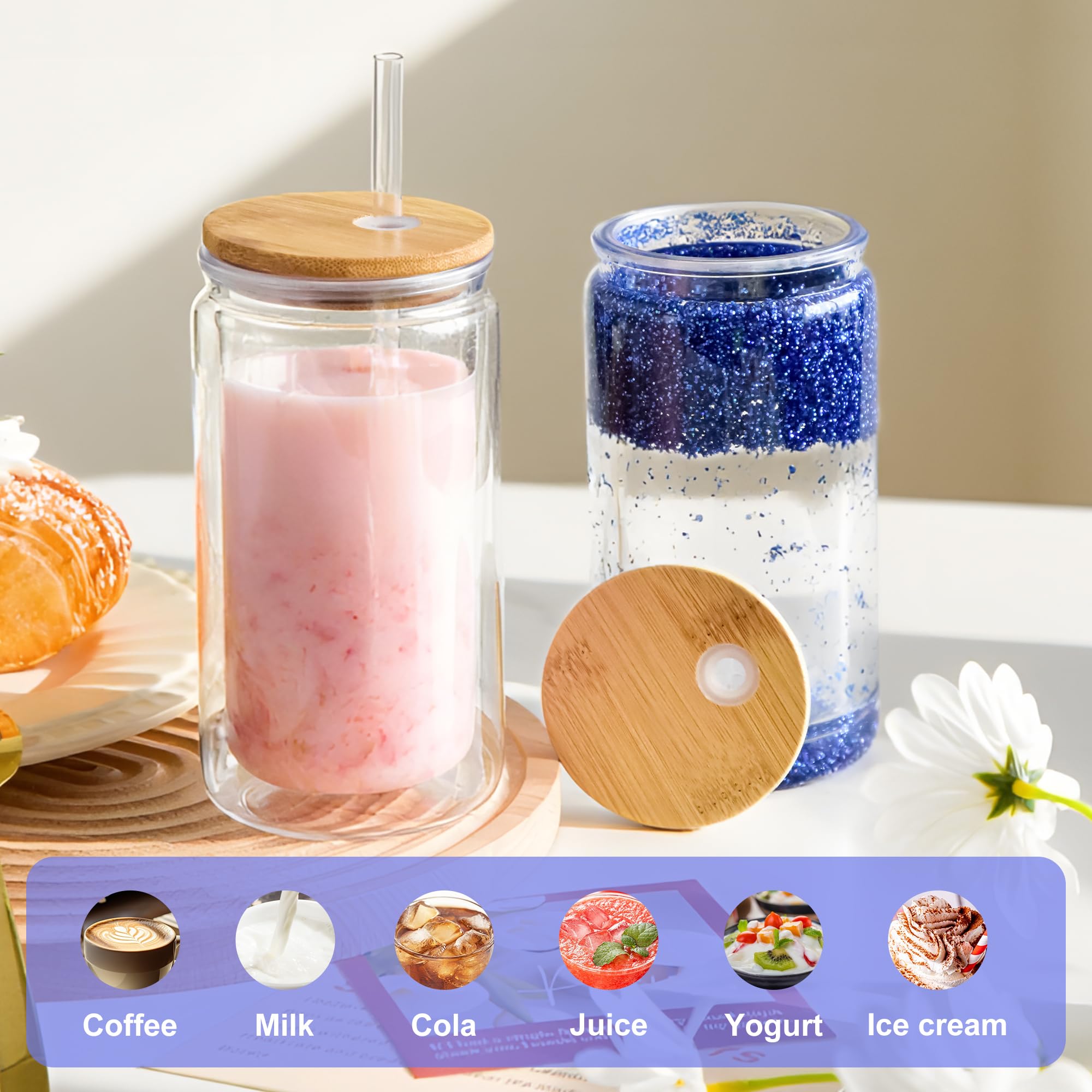Lot de 8 boules à neige en acrylique avec couvercles en bambou et pailles, 473 ml, avec trou pré-percé, transparent à double paroi, pour boule à neige à paillettes