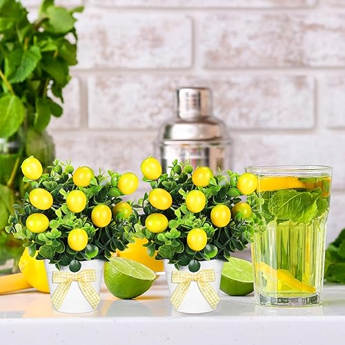 Miniatura 6 de Jexine Juego de 3 unidades de decoración de limón para bandeja escalonada de limón, planta de limón, decoración del hogar, mini plantas falsas, mini