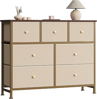 Sweetcrispy 7 Drawer Dresser for Bedroom Storage with Fabric Bins, Khaki