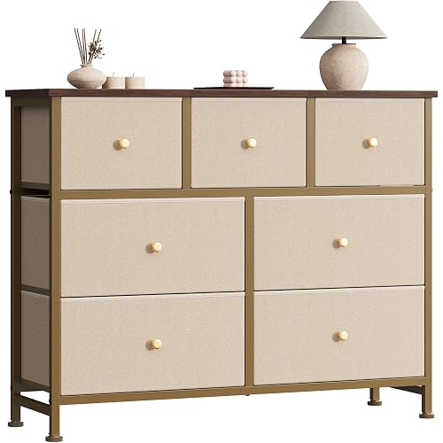 Sweetcrispy 7 Drawer Dresser for Bedroom Storage with Fabric Bins, Khaki | Anti-Tip Closet Organizer, Wooden Top and Sturdy Steel Frame, Spacious Drawers for Clothes Storage, Hallway Entryway
