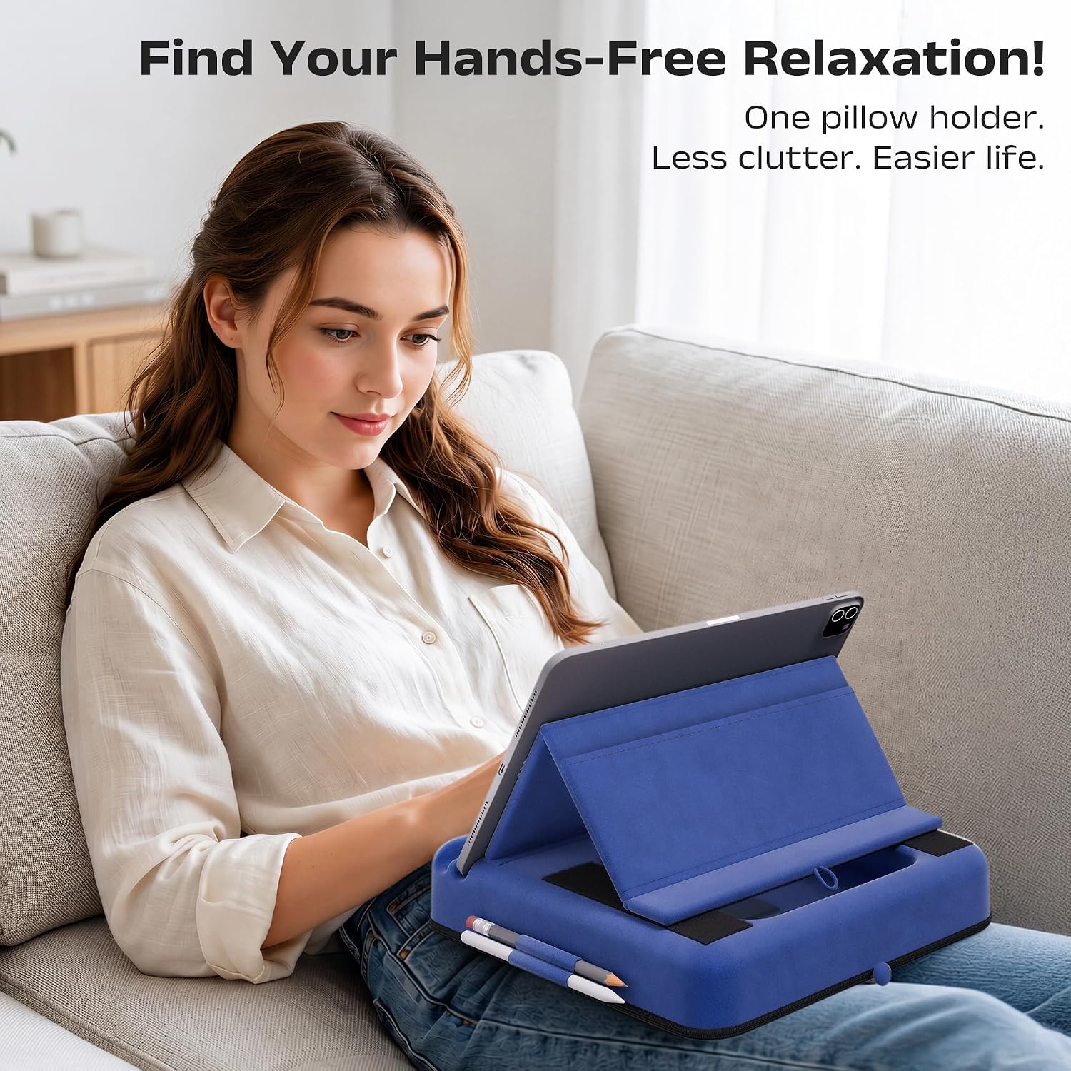 Tablet Pillow Stand, Multi-Angle Foldable iPad Holder for Bed, Sofa, Desk, Lap, Soft Pad Dock with Storage Pocket & Stylus Mount, for 4.7-13" Devices iPad,iPhone,E-Reader,Books (Blue)