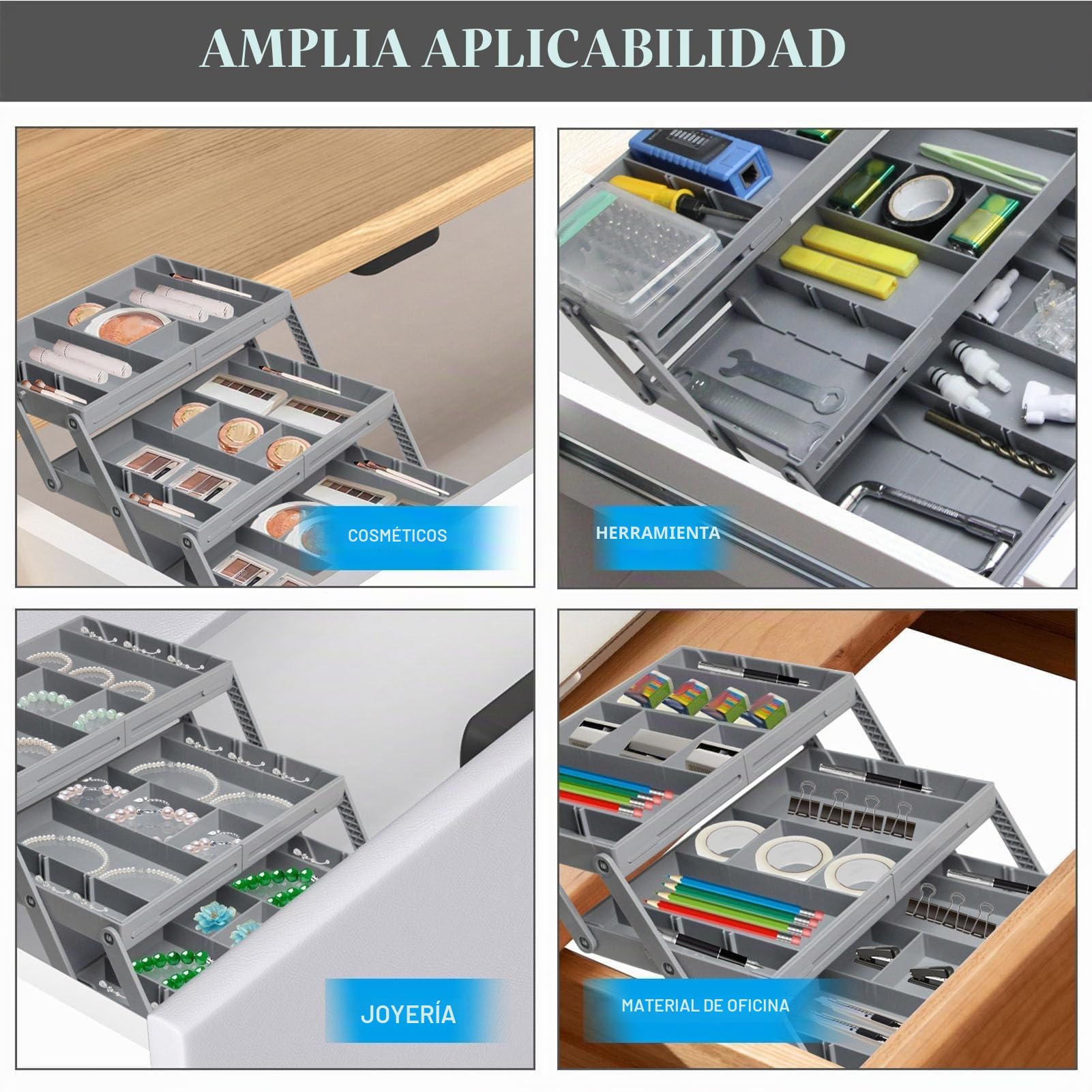 Organizador de Cajón Expandible de Plástico 3 Niveles Plegable para Maquillaje Joyería, Almacenamiento Ahorra Espacio para Baño Cocina Oficina, Una Ajustable para Accesorios