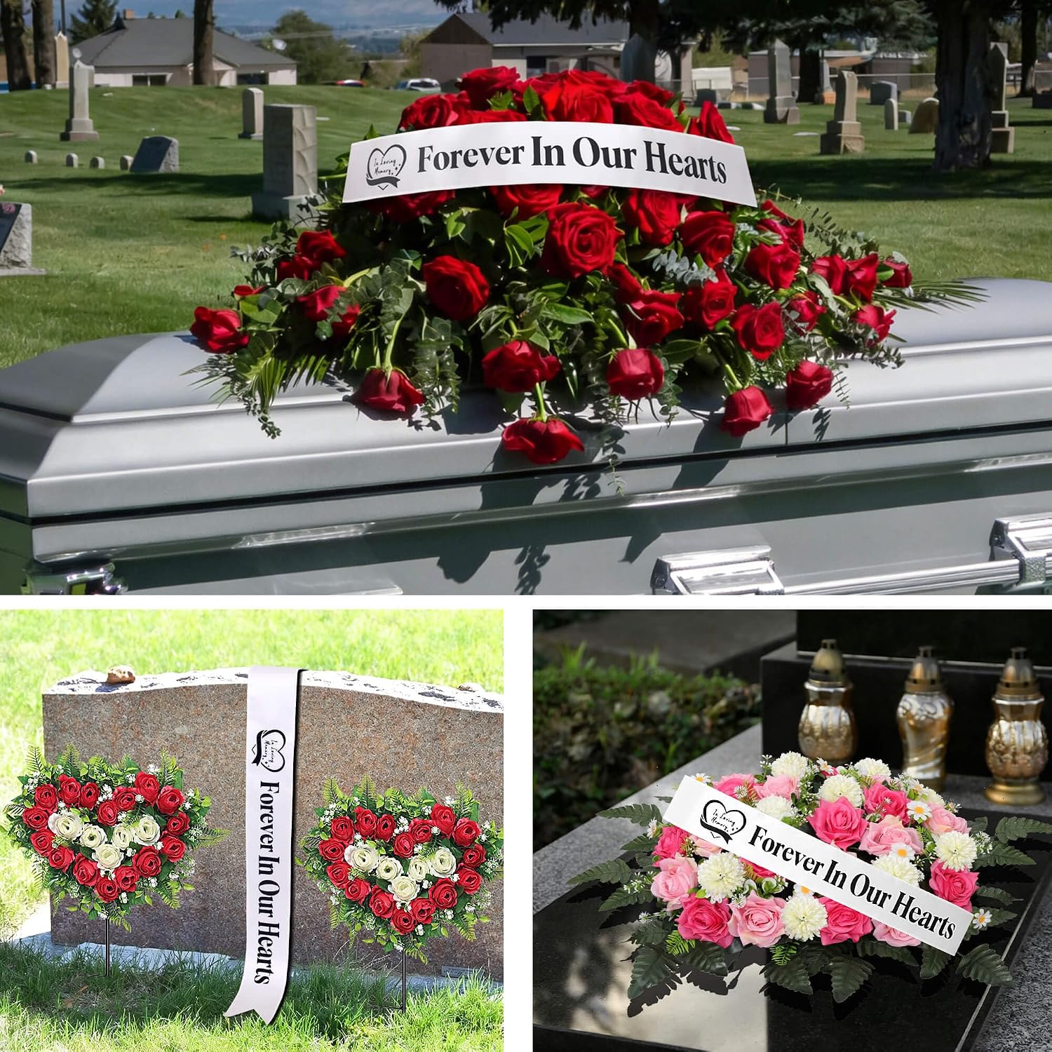 Elegant Funeral Wreath Sash – Funeral Sash Memorial Wreath Sash Funeral Ribbon Celebration,Forever in Our Hearts Memorial Ribbon for Graves & Wreaths (White)