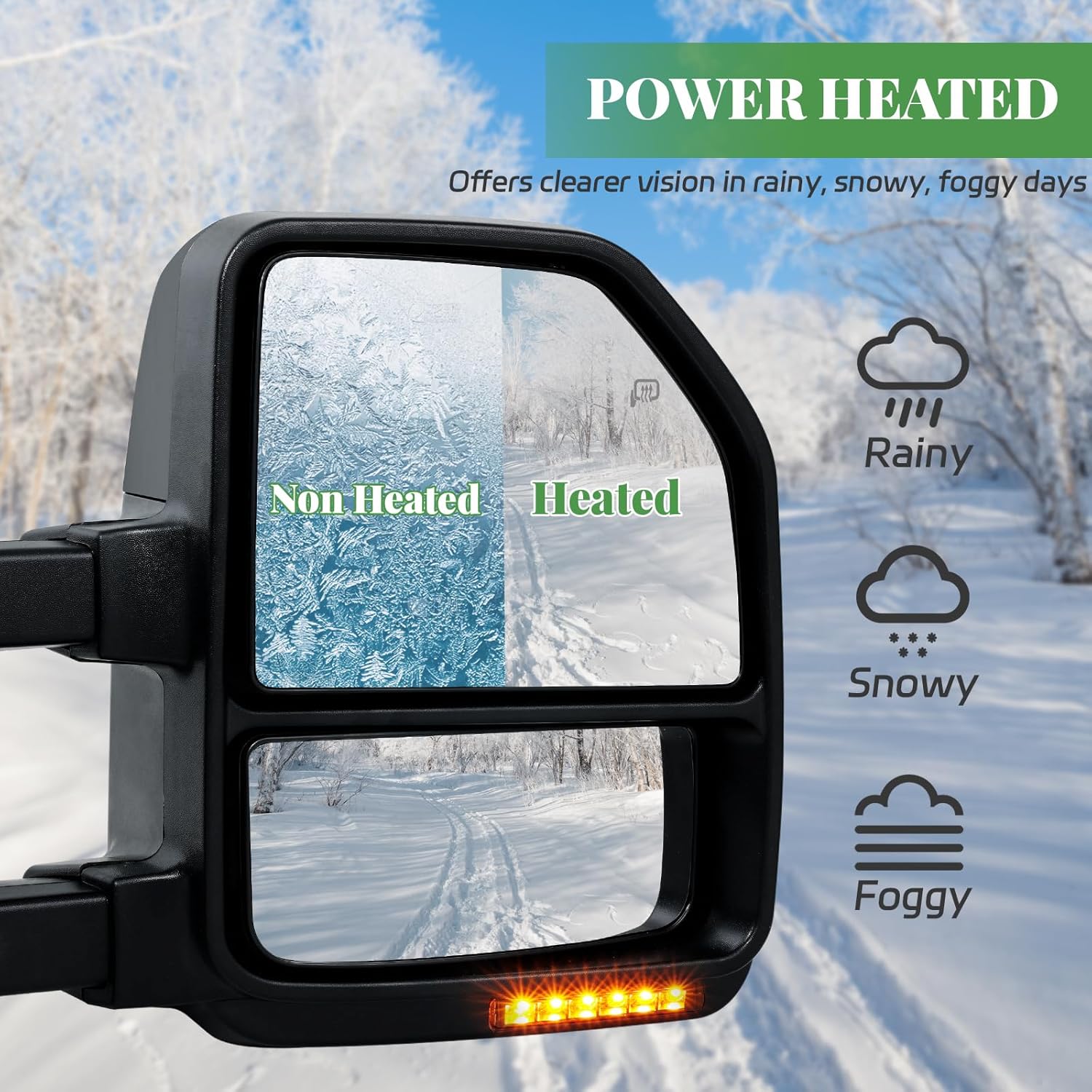 PZ Towing Mirrors Driver & Passenger Pair Set For 99-07 F250/F350/F450/F550 Super Duty, 01-05 Excursion Black Cap Power Heated With Amber Signal Light