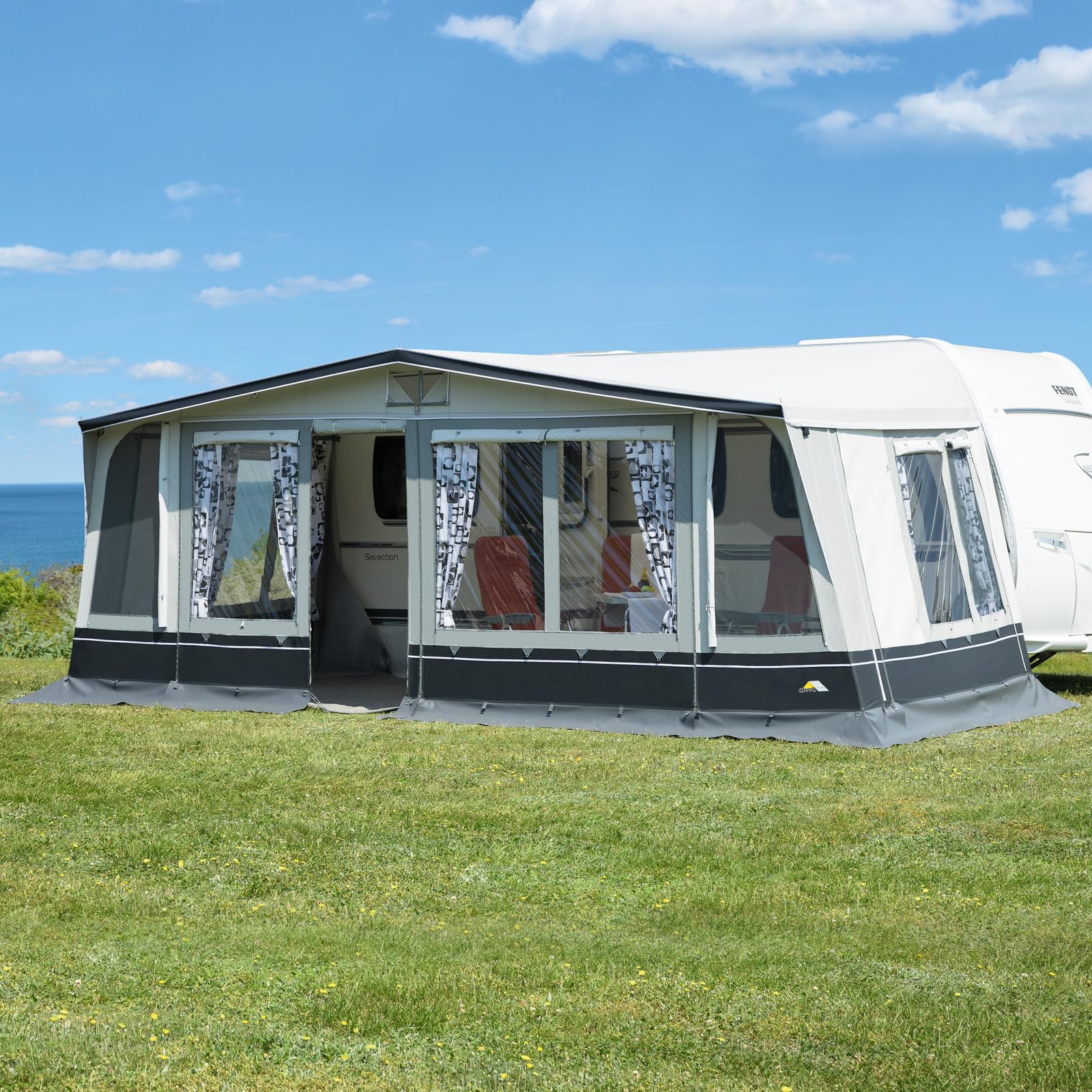 DWT Wohnwagen Vorzelt Domino 250 cm tief, Saisonzelt für Wohnwagen-Camping, Ganzzelt mit attraktiver Optik und Farbgestaltung