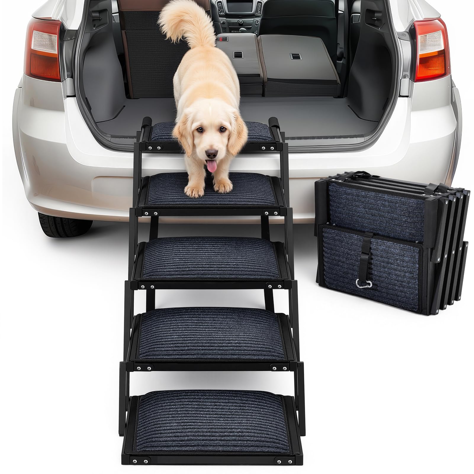 The Fellie Hunderampe, 5-stufige Hunderampe Auto Klappbar, Extra Stabile Hundetreppe mit Anti-Rutsch-Treppe, Liechte Hundetreppe für Kleine&Große Hunde, Hunde Unterstützung bis zu 250 lbs
