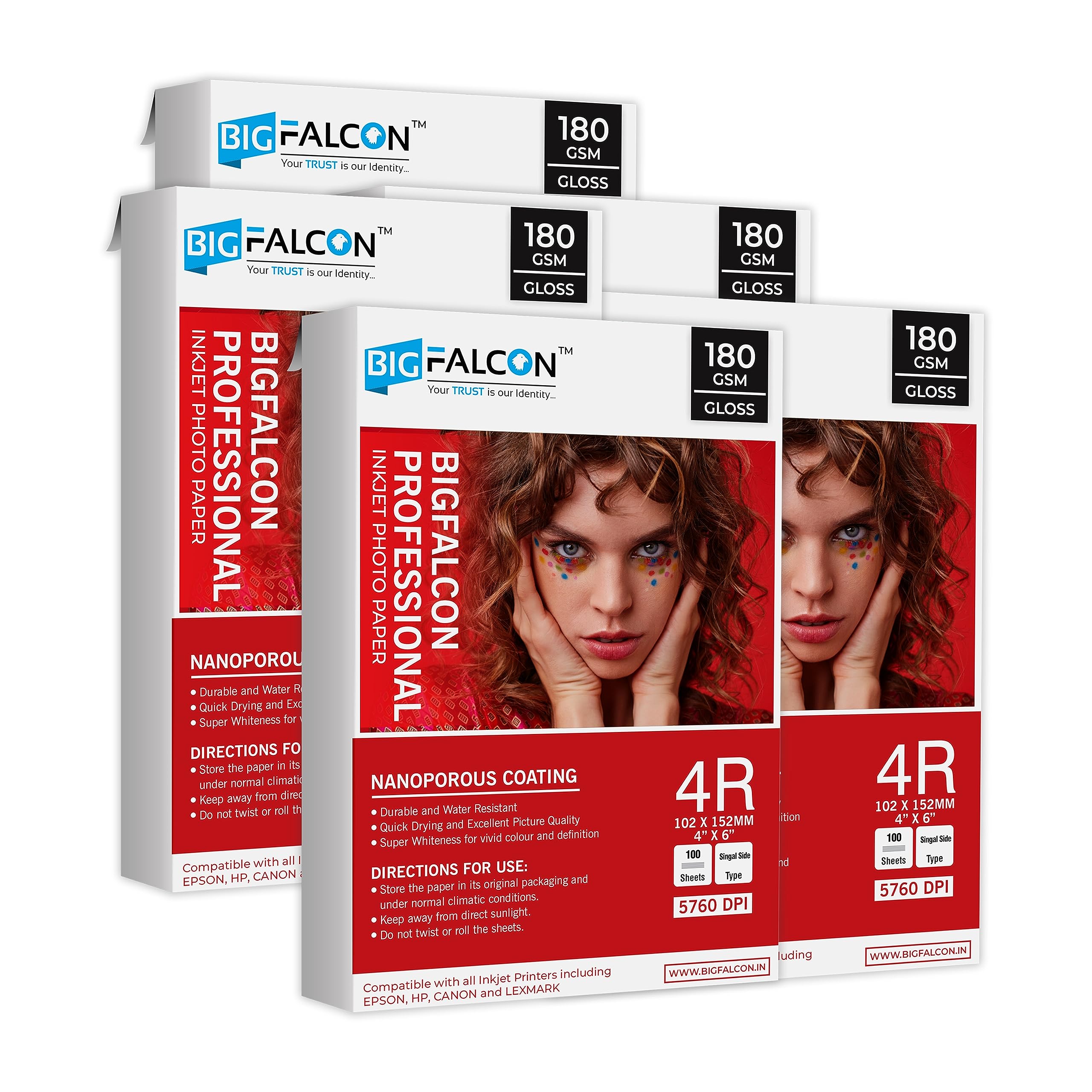 BIGFALCON Professional 180 GSM 4R Size (4X6 inch) Glossy Cast Coated Inkjet Photo Paper 500 Sheets for all Inkjet Printer