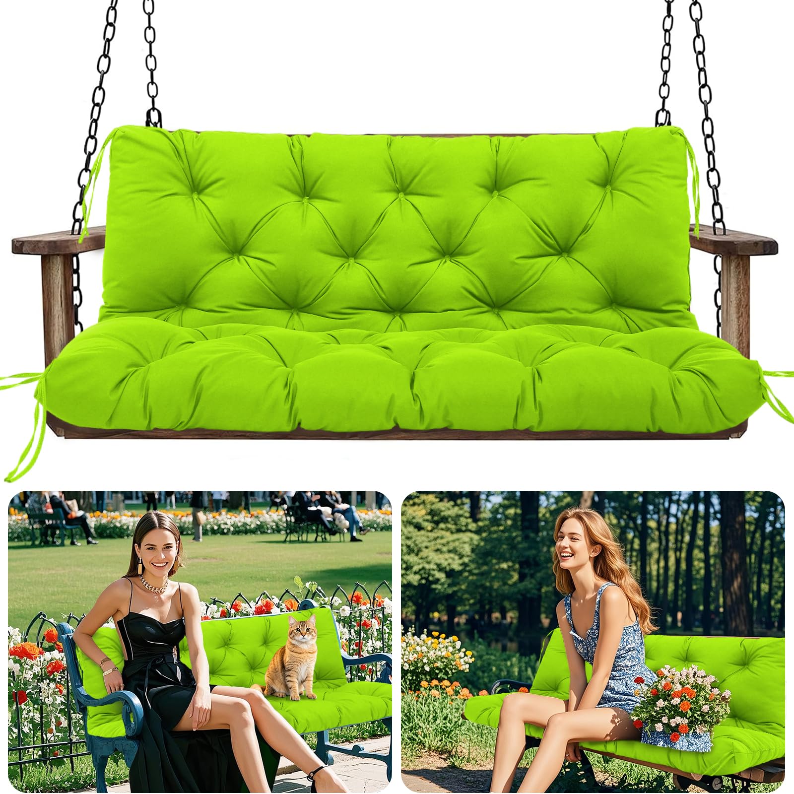 Amdieu Garden Swing Cushions 3 Seater Waterproof Bench Cushion with Backrest and 8 Ties 12cm ﻿Thick Swing Cushions Replacement for Outdoor Furniture Garden Porch Patio(Grass green-120 x 100 cm)