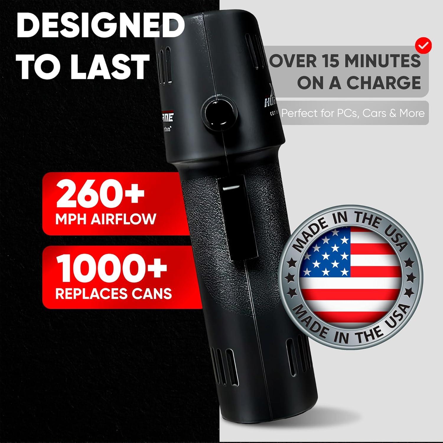 Canless Air System X3 Hurricane, 260+ MPH Rechargeable Air Duster, Cordless Heavy-Duty Cleaner, Canned Air Replacement, Black, Made in USA