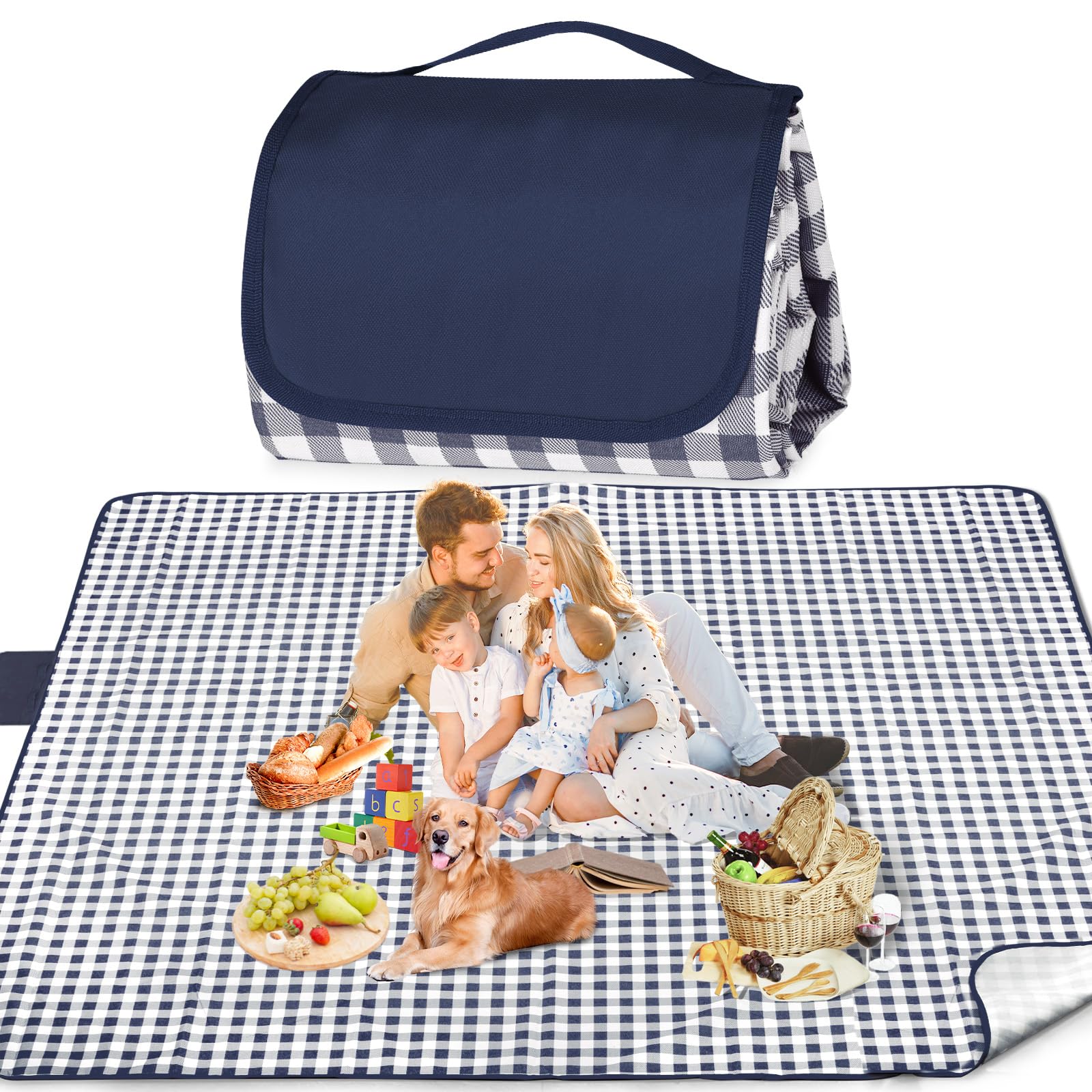 Maidyna Picnic Blanket Waterproof, 300 X 200 cm Large Beach Blanket Sandproof Picnic Mat with Carrying Handle, Outdoor Foldable Hiking Blanket for Camping, Beach, Family Picnic (Blue)