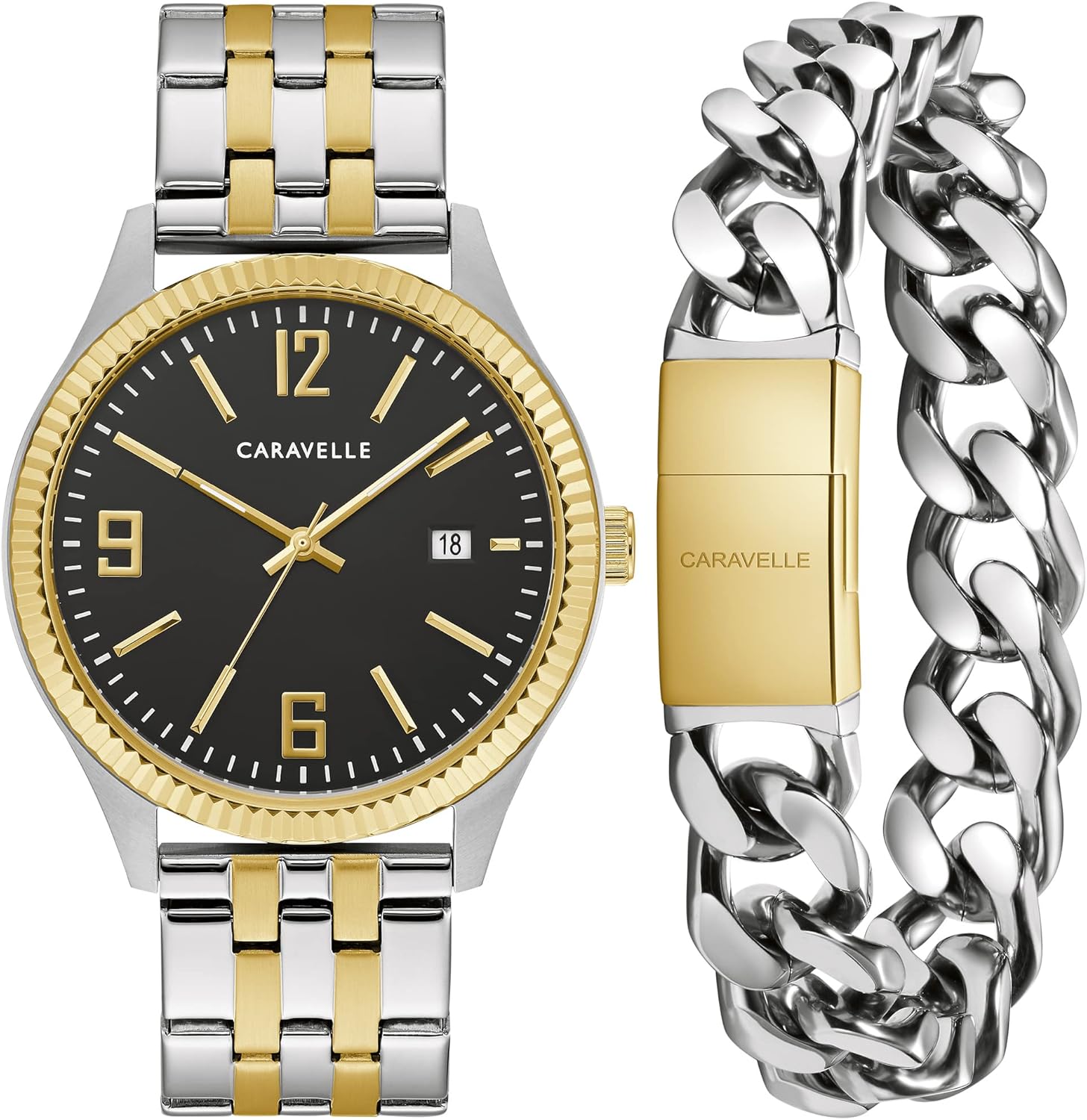 Bulova Caravelle Men's Classic Two-Tone Stainless Steel 3-Hand Date Watch and Bracelet Box Set, 41mm Style: 45K000