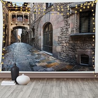 Ambesonne Medieval Tapestry, Gothic Quarter Bridge Spainish Old Medieval Streets Historical Heritage the Past Photo, Wide Wall Hanging for Bedroom Living Room Dorm, 60" X 40", Grey