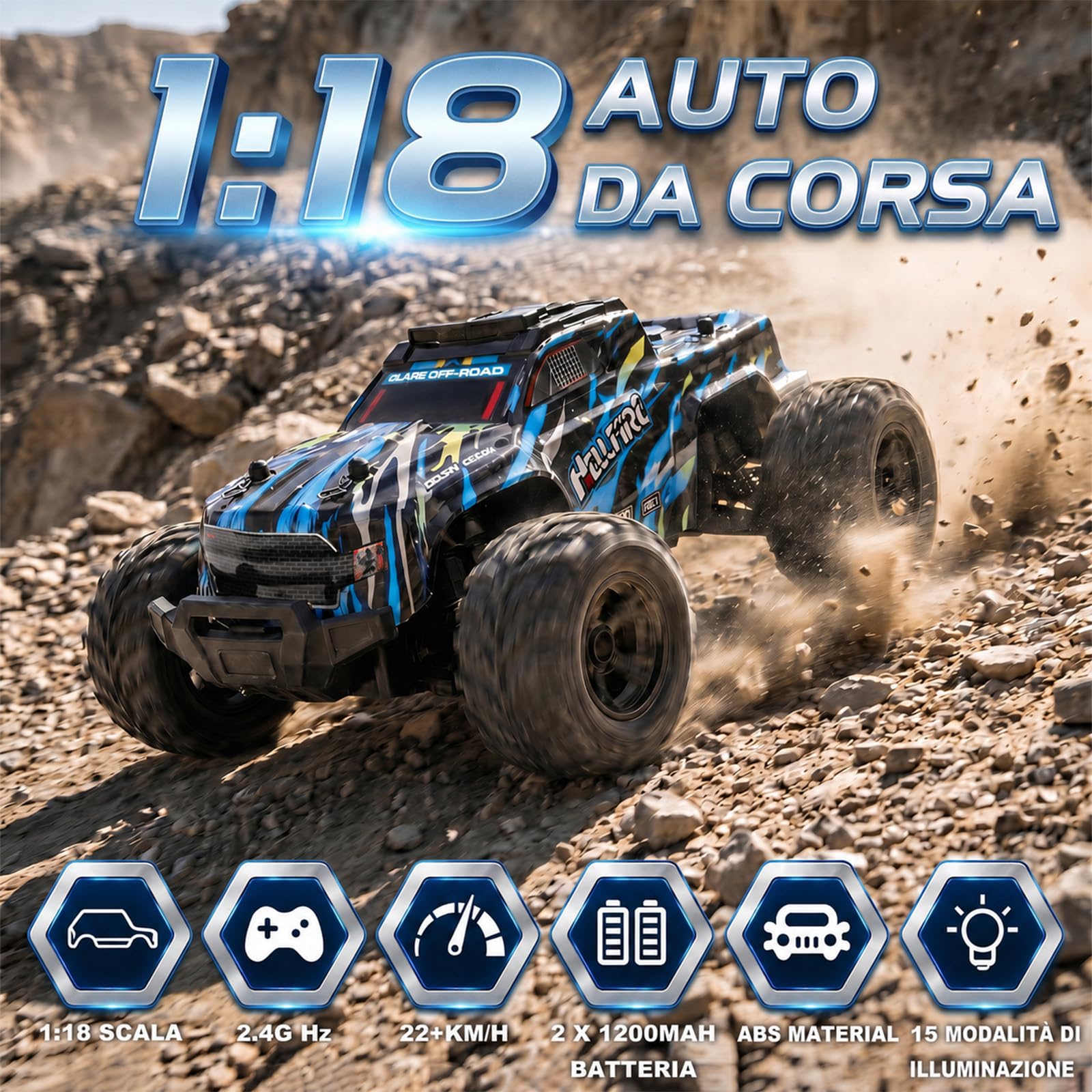 Macchina Telecomandata 2,4GHz Auto Telecomandata - Off Road Alta Velocità Vehicle 22KM/H con Luci LED - Auto RC 1:18 di Tutto Terreno Perfetto Regalo per Bambini e Ragazzi