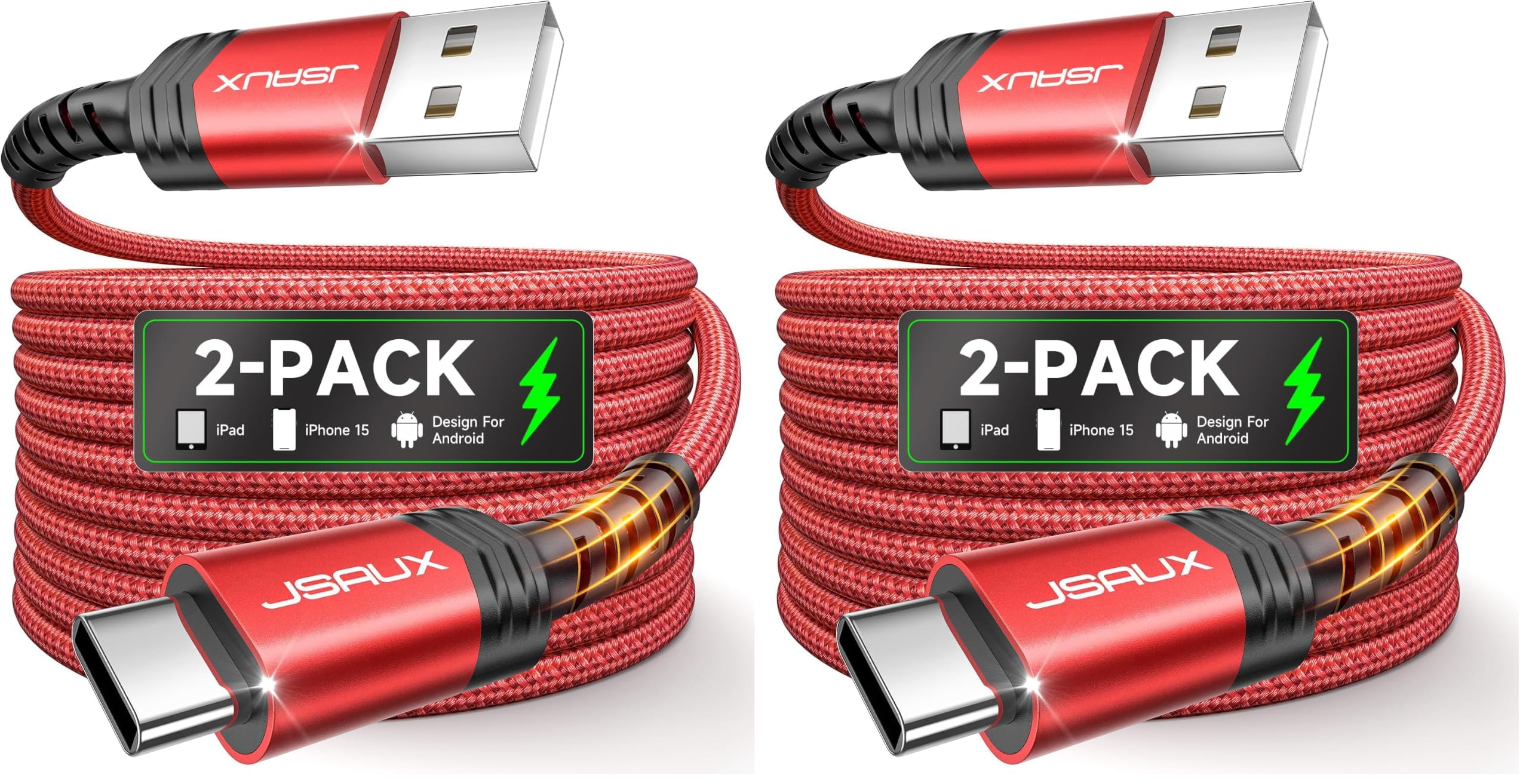 JSAUX USB C Cable [4-Pack 3.3ft], USB A to USB C for iPhone, Samsung, Red