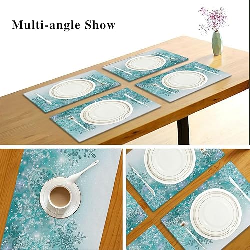 Miniatura 5 de Juego de 6 manteles individuales de arpillera de Navidad con diseño de copos de nieve y turquesa para el hogar, cocina, decoración de vacaciones