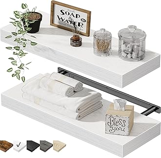 QEEIG Bathroom Floating Shelves for Wall - 15.7" Wall Mounted Shelf Over Toilet Farmhouse Home Decor Display Bookshelf Small 15.7 x 6.7 inch Set of 2, White (008-40W)