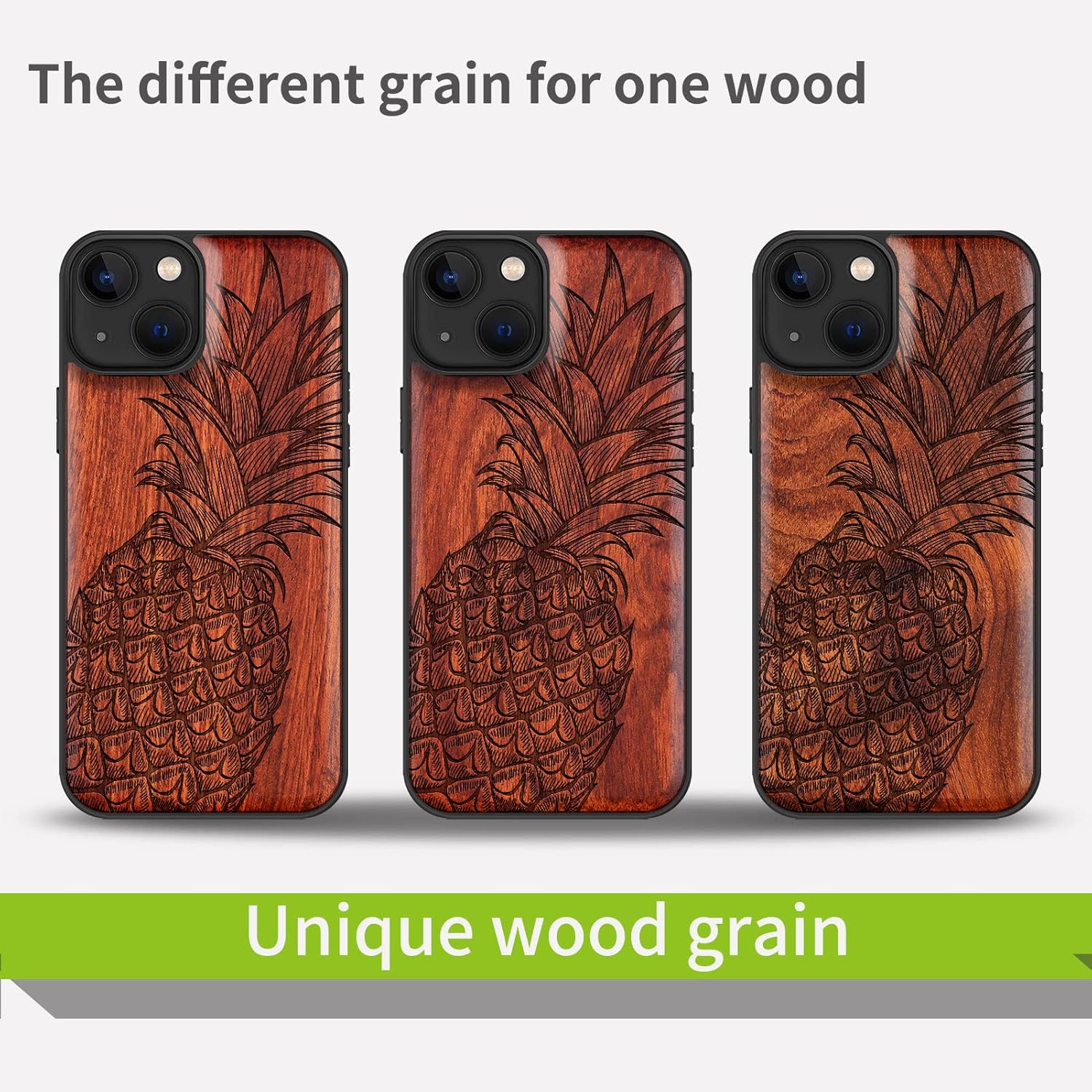 Carveit Magnetic Wood Case for iPhone 13 Case [Natural Wood & Black Soft TPU] Unique & Classy Wooden Shockproof Protective Cover Compatible with magsafe (Pineapple -Rosy)