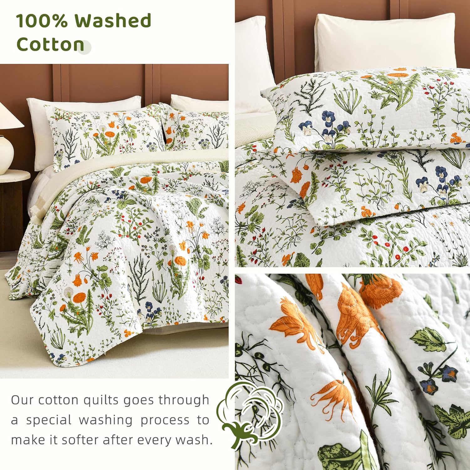 Sanracie Oversized King Quilt 120"x120",100% Cotton Floral Bedspreads California King Extra Large Yellow Flowers Green Plant Pattern Printed Floral Bedding Coverlet Lightweight 3Pcs for All Season - Image 6