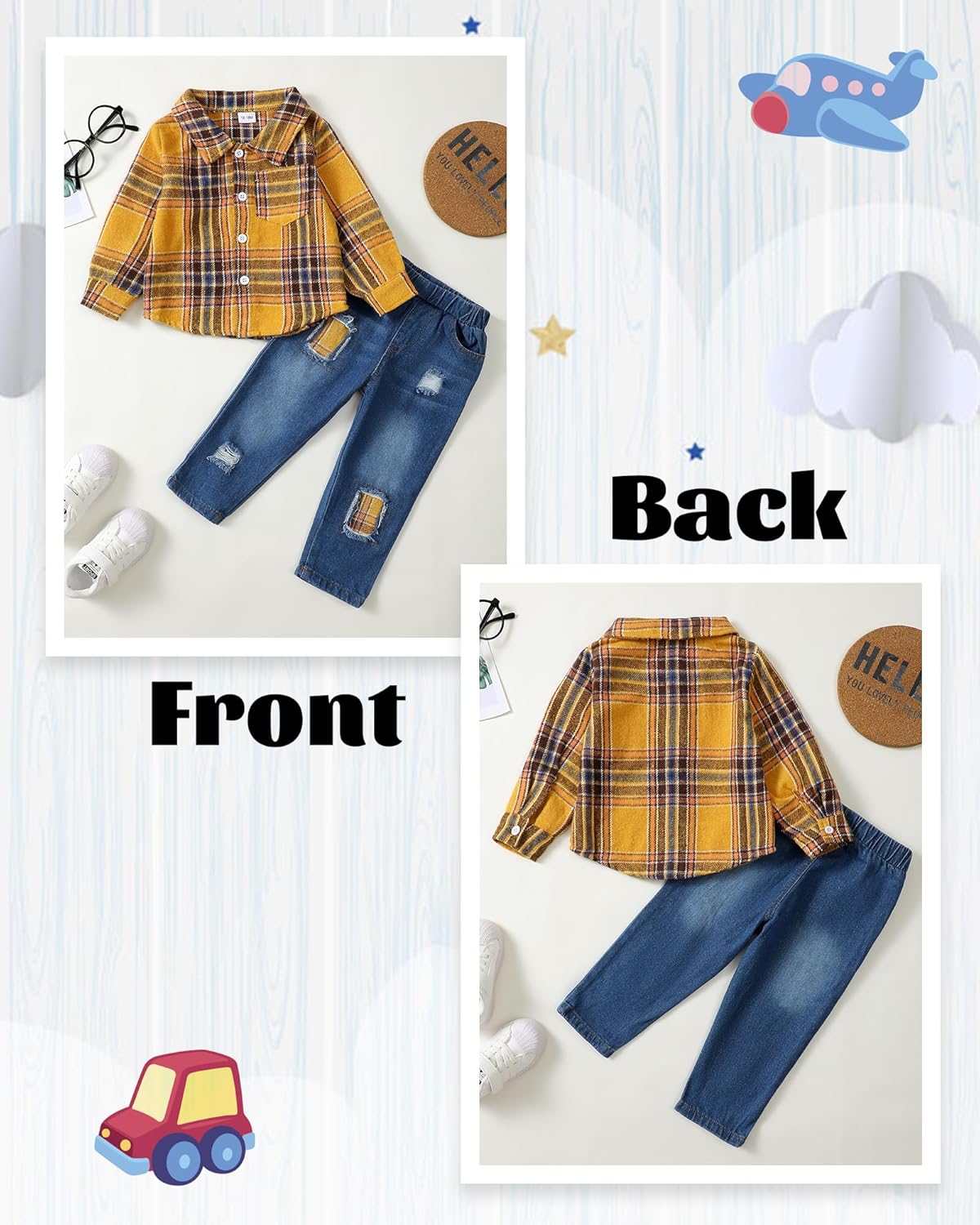 NZRVAWS Toddler Baby Boy Clothes Infant Plaid Pocket Shirt Denim Ripped Jean Pants Outfits Set 6-24 Months 2-5T - Image 3