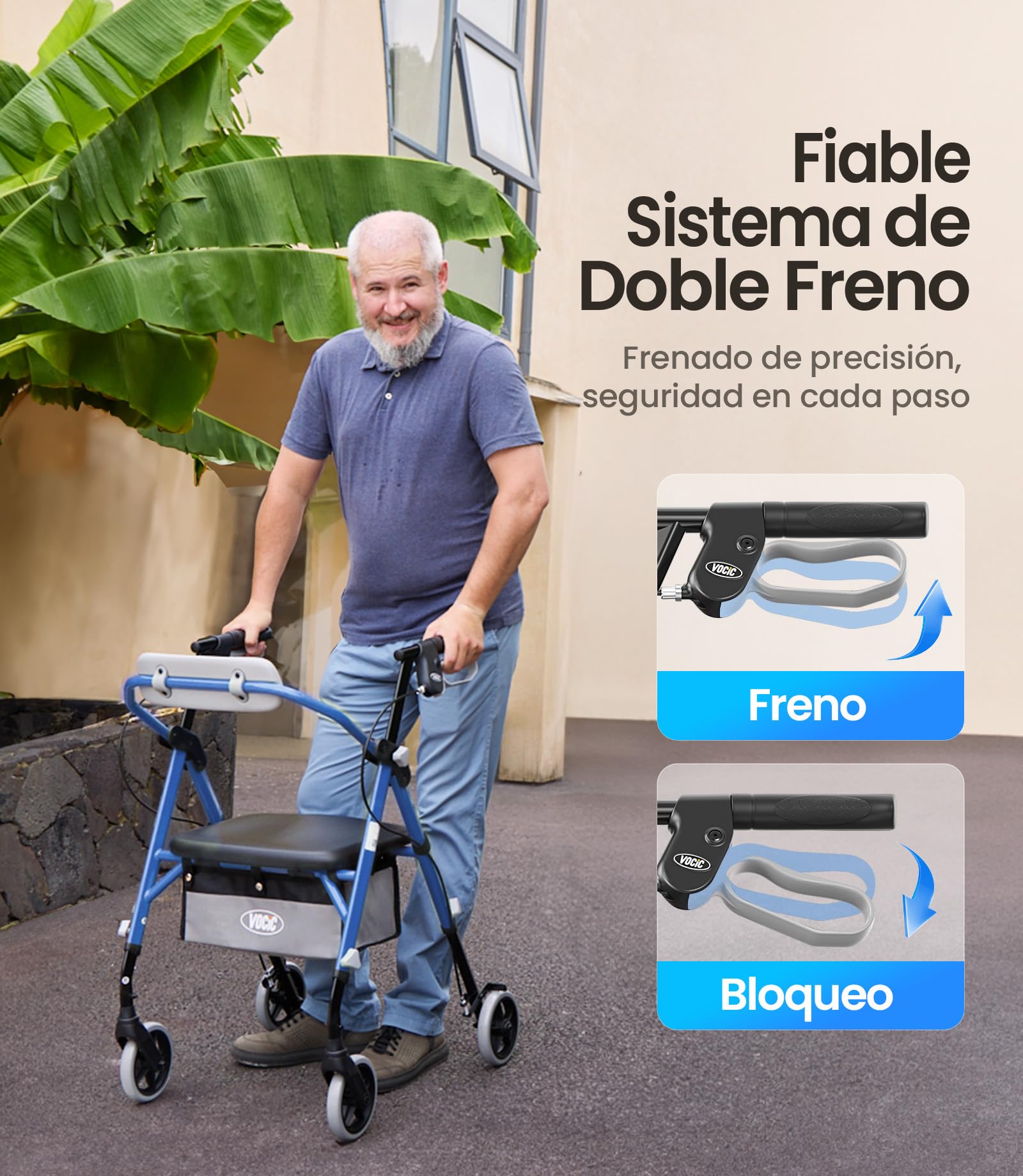 VOCIC Andador plegable ligero con asiento, 6,3 kg Ultraligero andador para ancianos con ruedas,Max 150 kg,asiento ergonómico, altura regulable,Walker estrecho para apartamento & viajes,azul